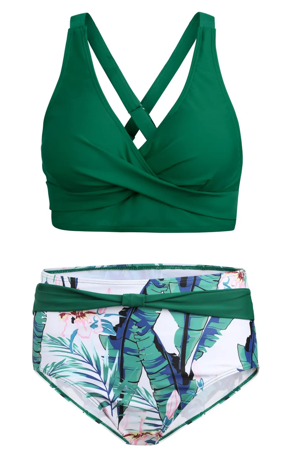 Adigaber Costume da Bagno Bikini Due Pezzi Donna Vita Alta Stampato Floreale, Foglie Verdi, XL - immagine 4