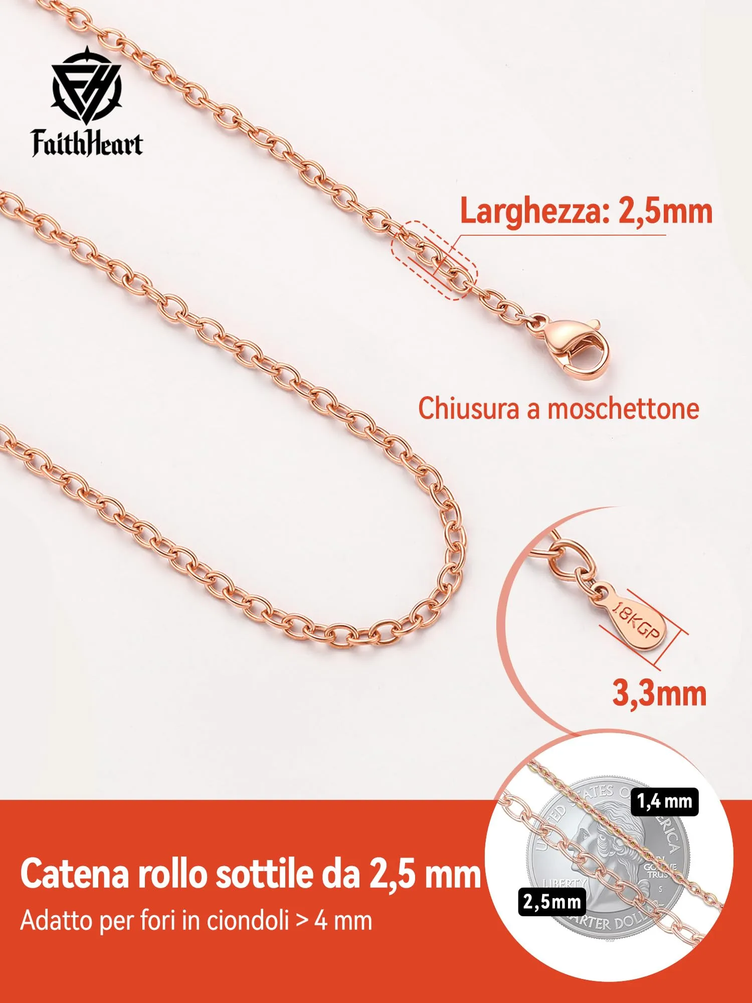 FaithHeart Catenina Donna Oro Rosa 2.5mm in Acciaio Inox 316L, 65cm - immagine 9