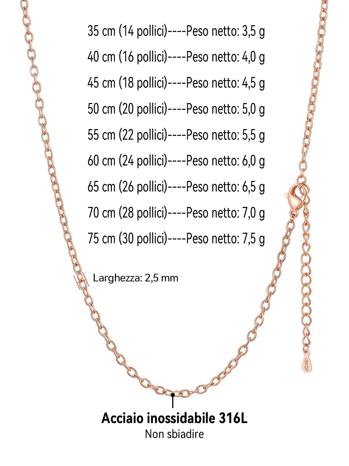 FaithHeart Collana Donna Oro Rosa Catena Rolo 2mm Acciaio Inossidabile 45cm - immagine 8