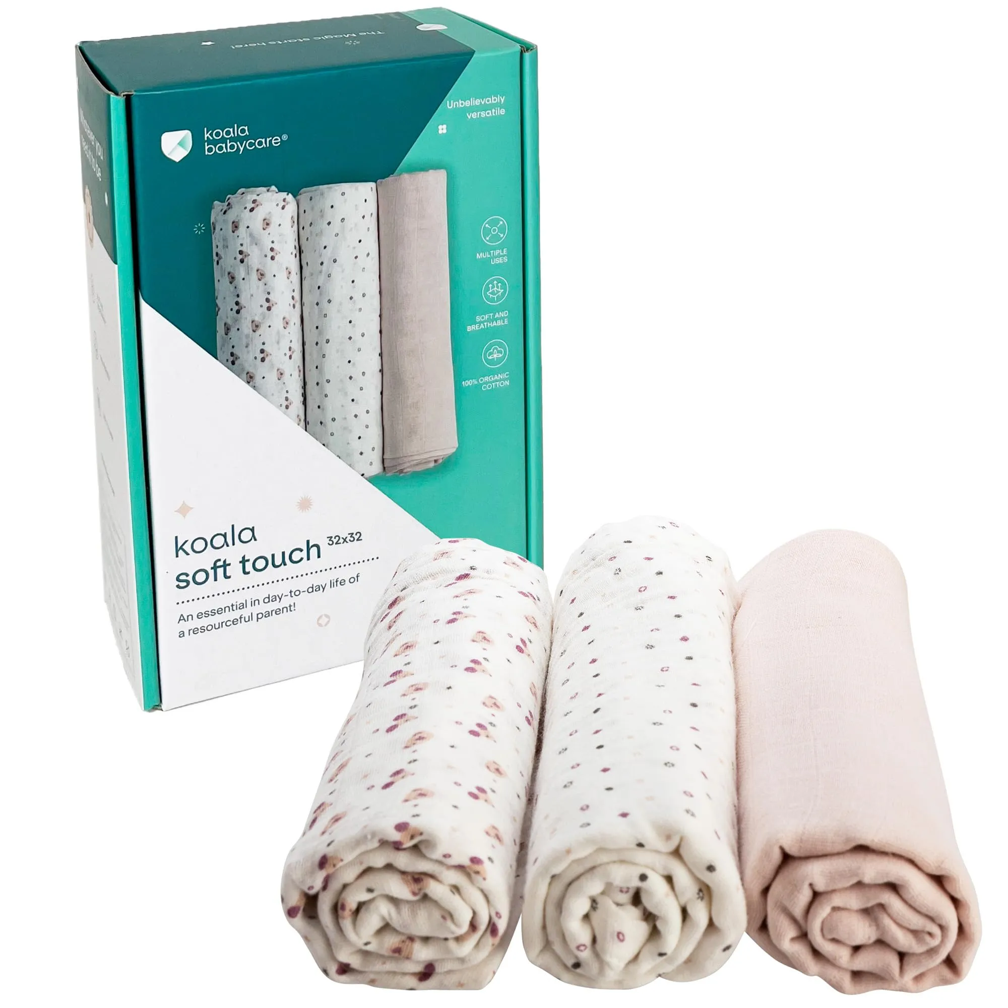 Koala Babycare Mussole Neonato 100% Cotone, 3 Pezzi 80x80cm, Rosa - immagine 1