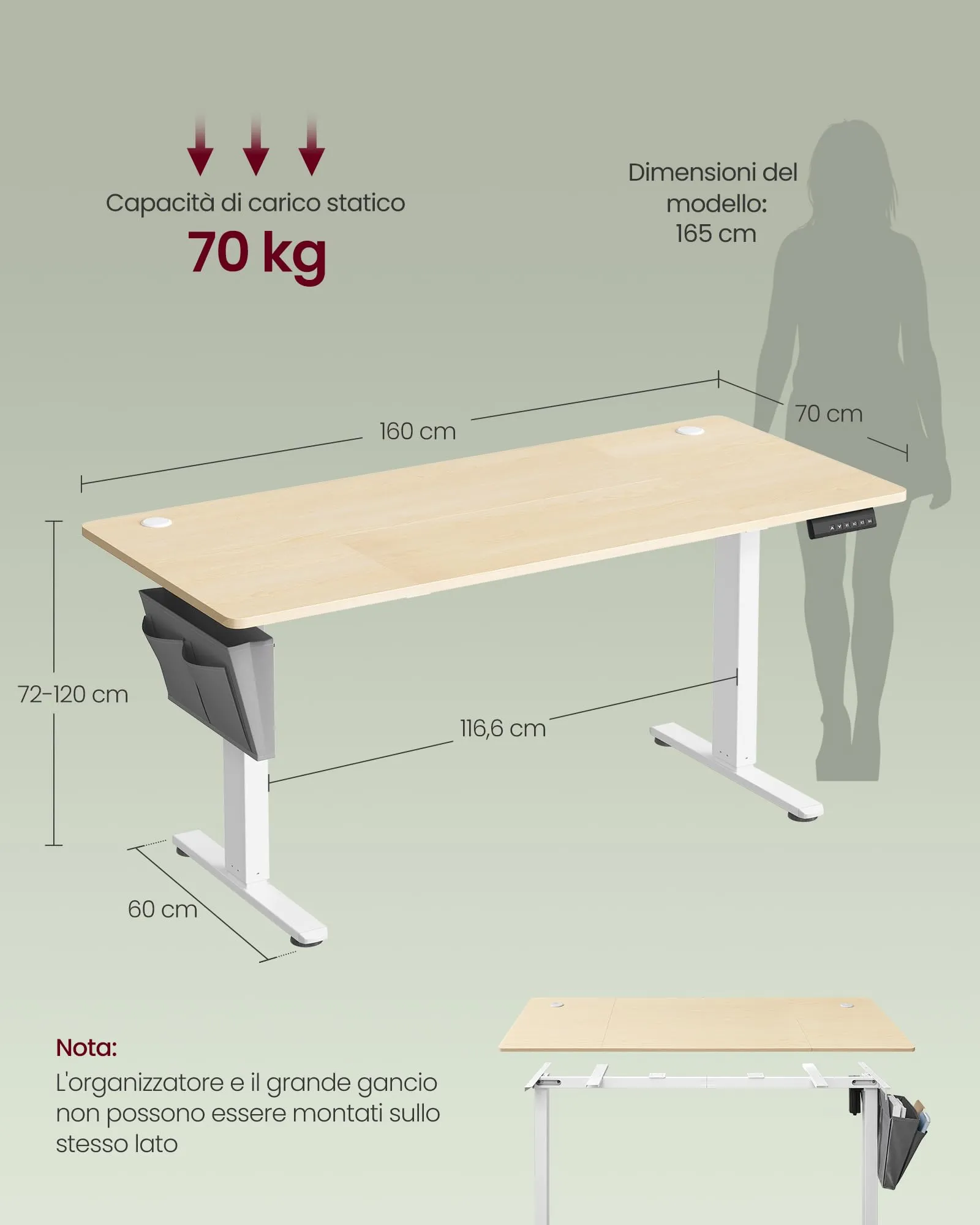 SONGMICS Scrivania Regolabile in Altezza Elettrica, 160 x 70 cm, Memoria 4 Altezze, Porta USB-C, Rovere Dorato LSD136Y01 - immagine 5