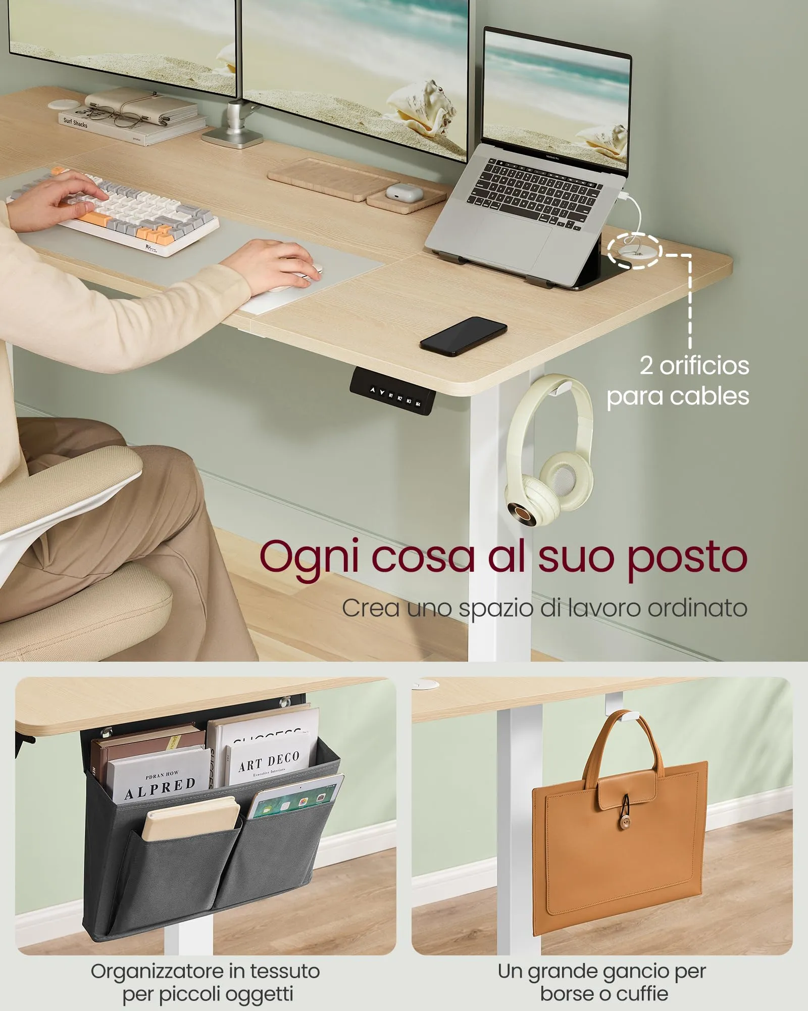 SONGMICS Scrivania Regolabile in Altezza Elettrica, 160 x 70 cm, Memoria 4 Altezze, Porta USB-C, Rovere Dorato LSD136Y01 - immagine 6