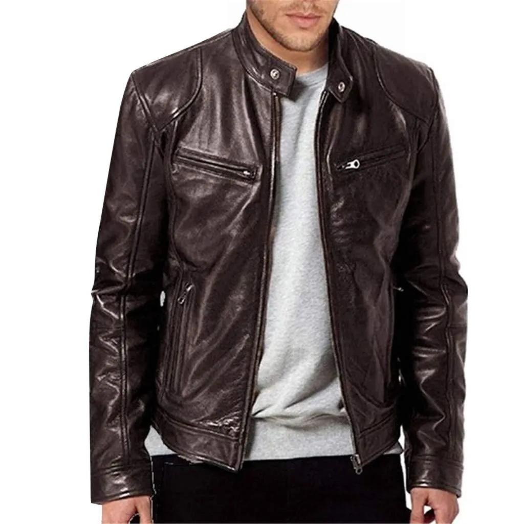 Giubbotto in Pelle Uomo Vintage Slim Fit Mezza Stagione Bomber Moto - immagine 2