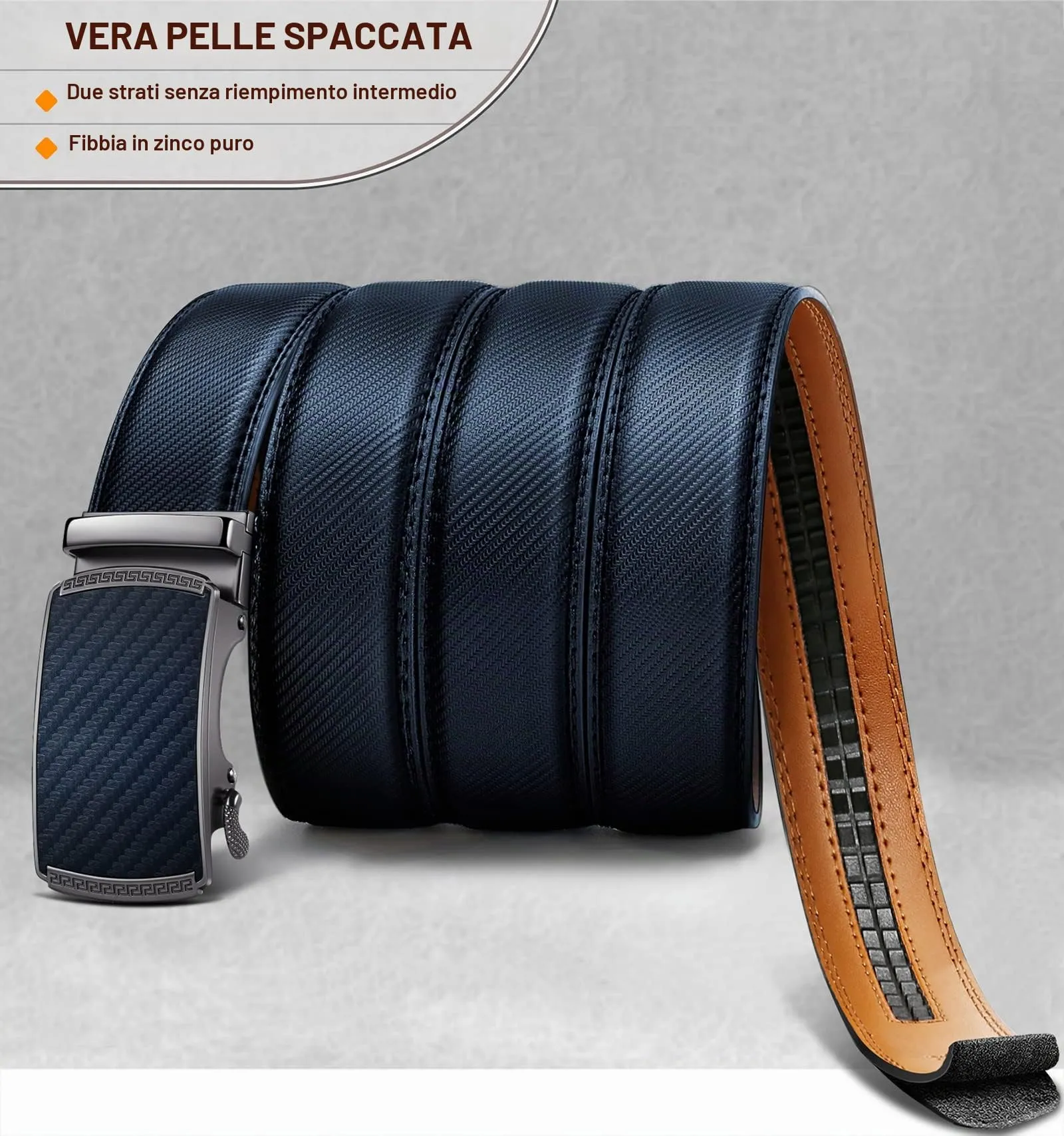 BULLIANT Cintura Uomo in Pelle con Fibbia Automatica a Cricchetto 35mm, Blu Antico, 140cm - immagine 3