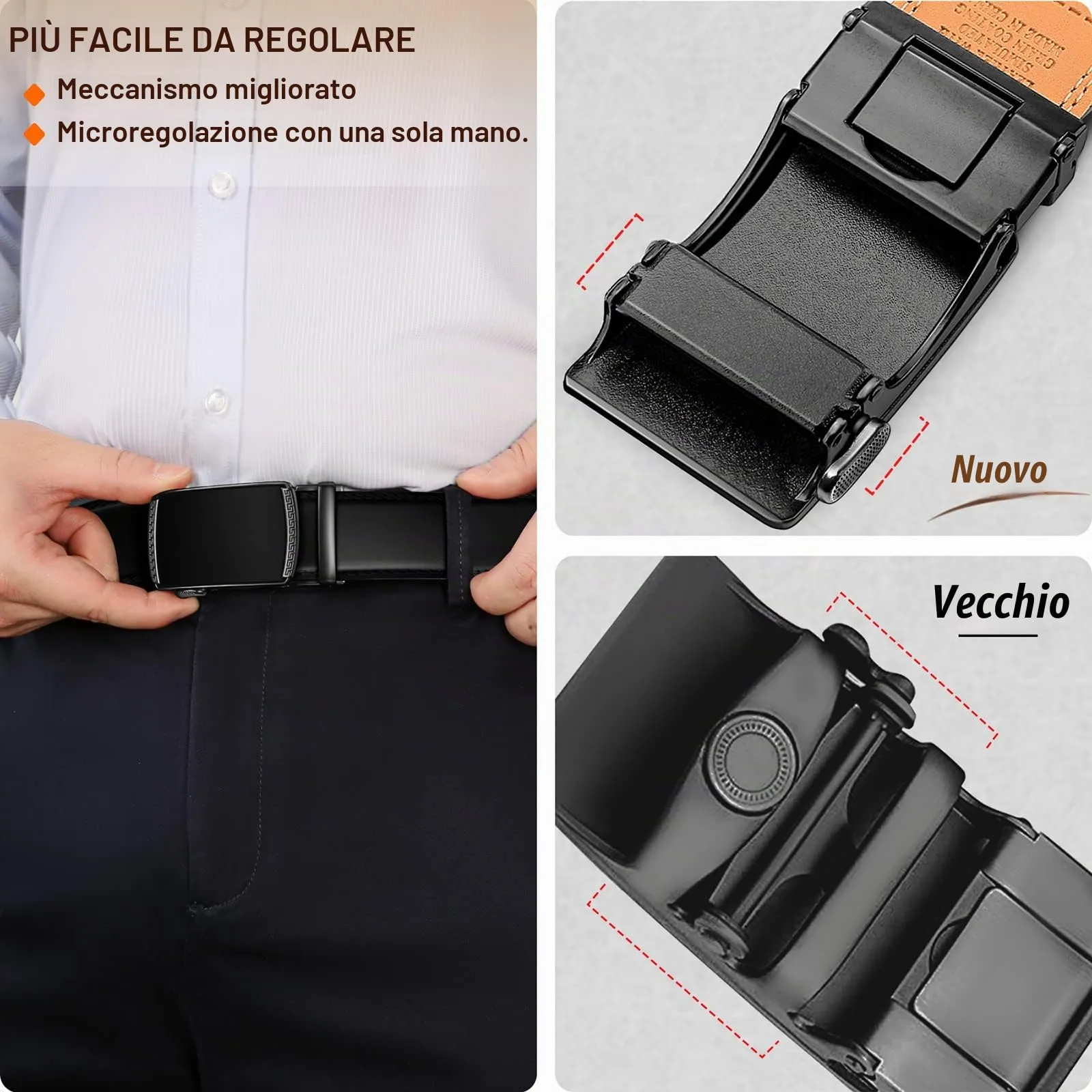 BULLIANT Cintura Uomo in Pelle con Fibbia Automatica a Cricchetto 35mm, Nero, 140cm - immagine 5
