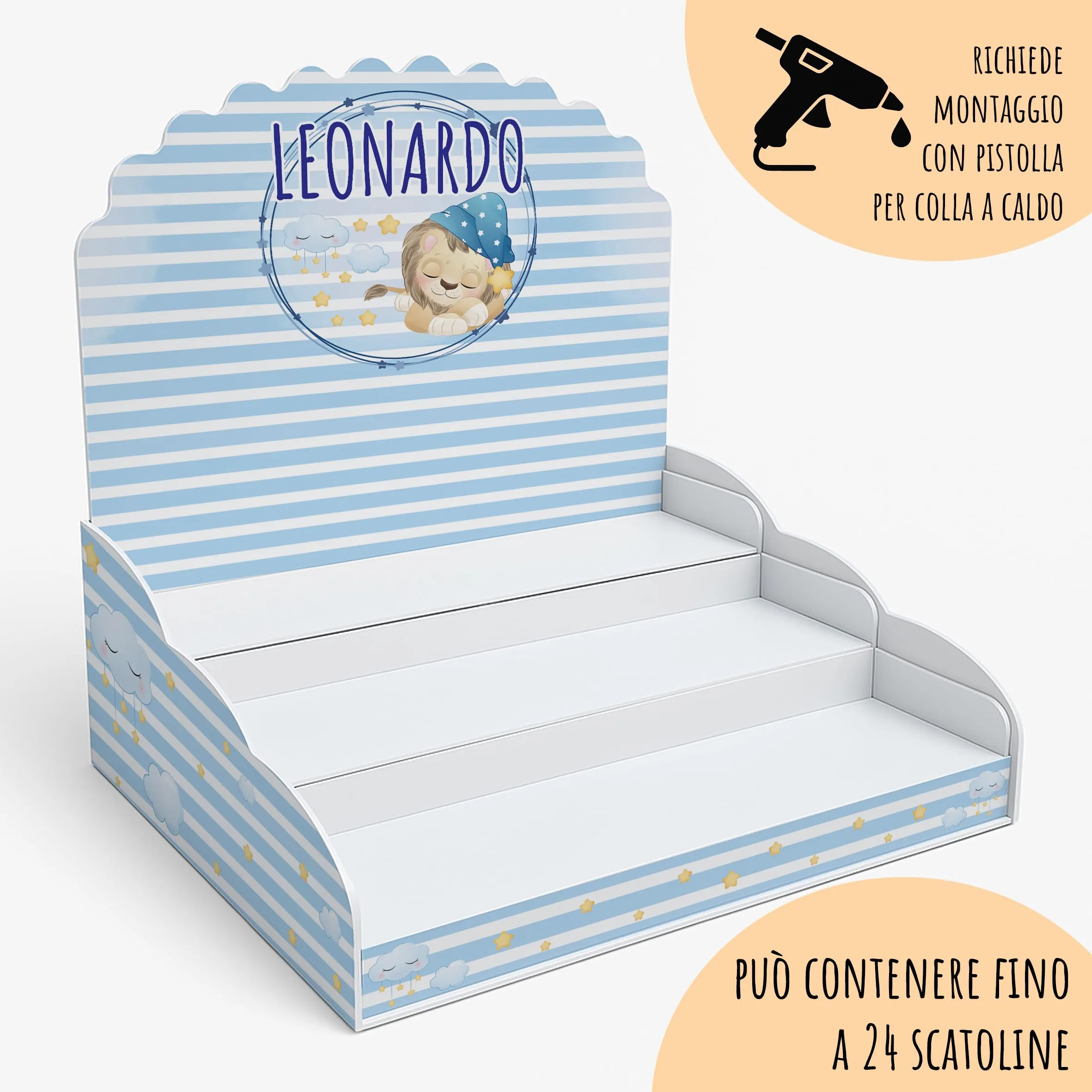PV Grafik Scatoline Portaconfetti Nascita e Battesimo, Personalizzate con Bigliettino e Nastrino, 24+24 Pezzi, Leoncino e Stelle, 8x8,5x4 cm (Tunna56) - immagine 3
