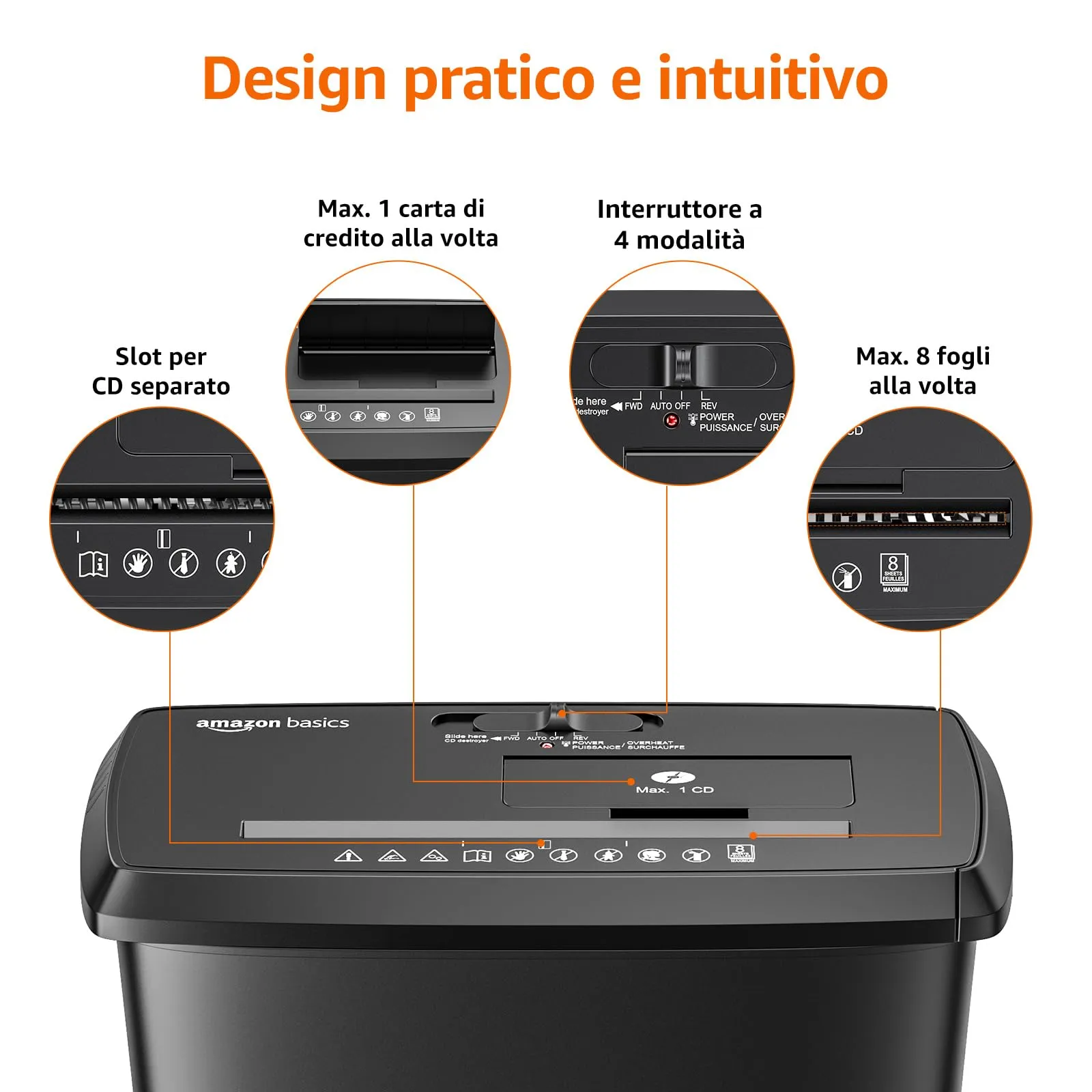 Amazon Basics Distruggidocumenti a Strisce 8 Fogli A4 CD Carte di Credito, Cestino 13L, Nero - immagine 2