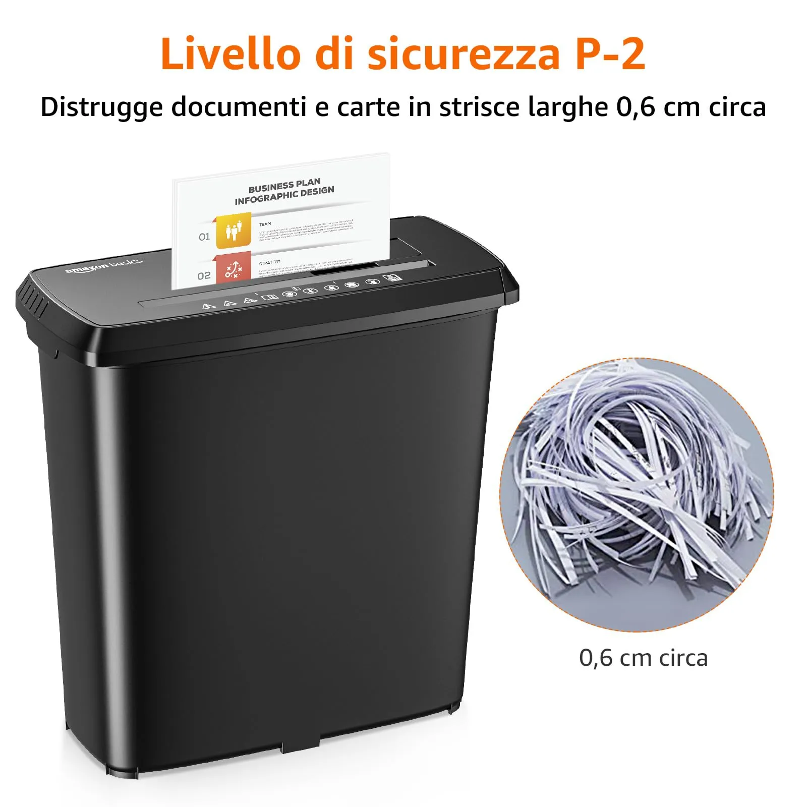 Amazon Basics Distruggidocumenti a Strisce 8 Fogli A4 CD Carte di Credito, Cestino 13L, Nero - immagine 3