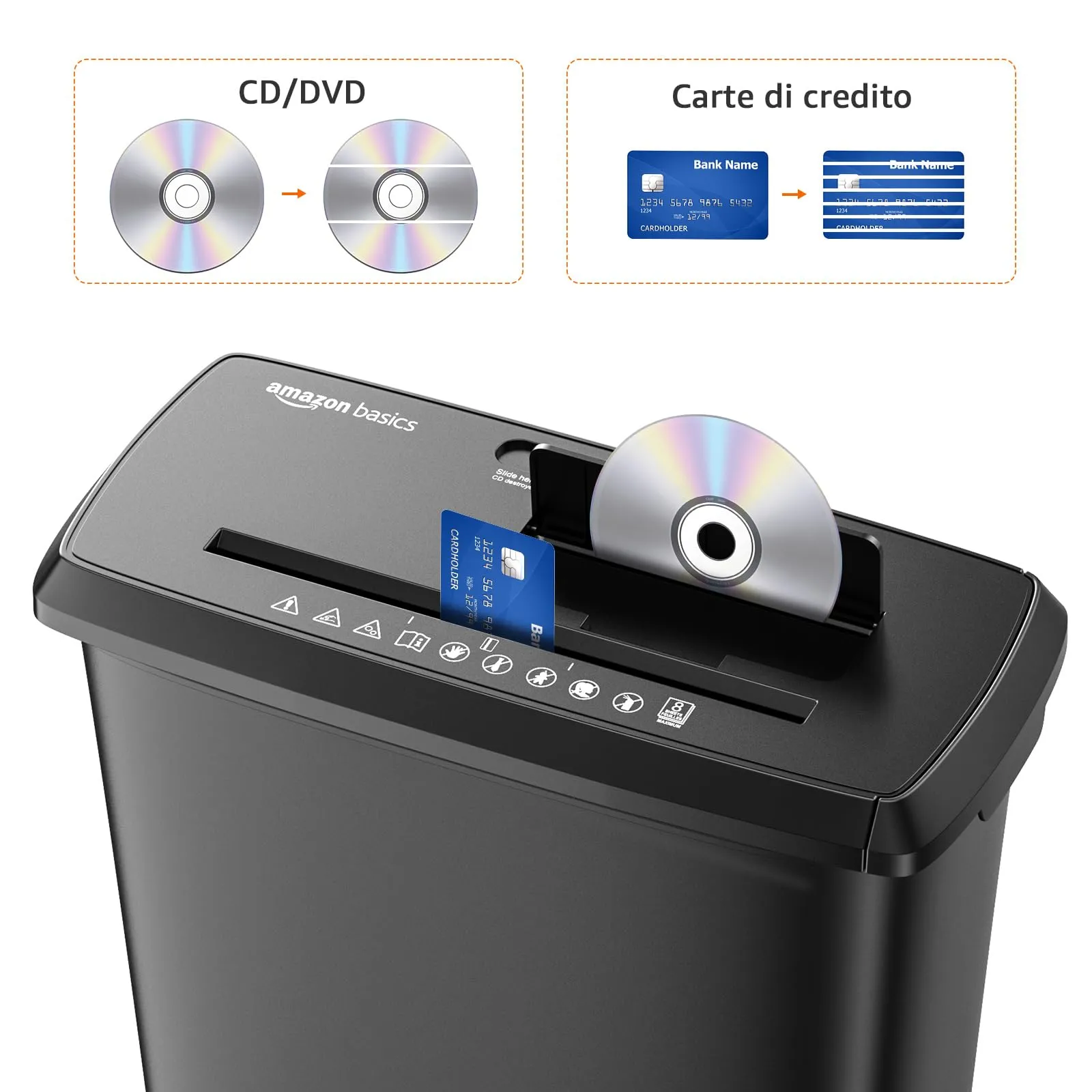 Amazon Basics Distruggidocumenti a Strisce 8 Fogli A4 CD Carte di Credito, Cestino 13L, Nero - immagine 4