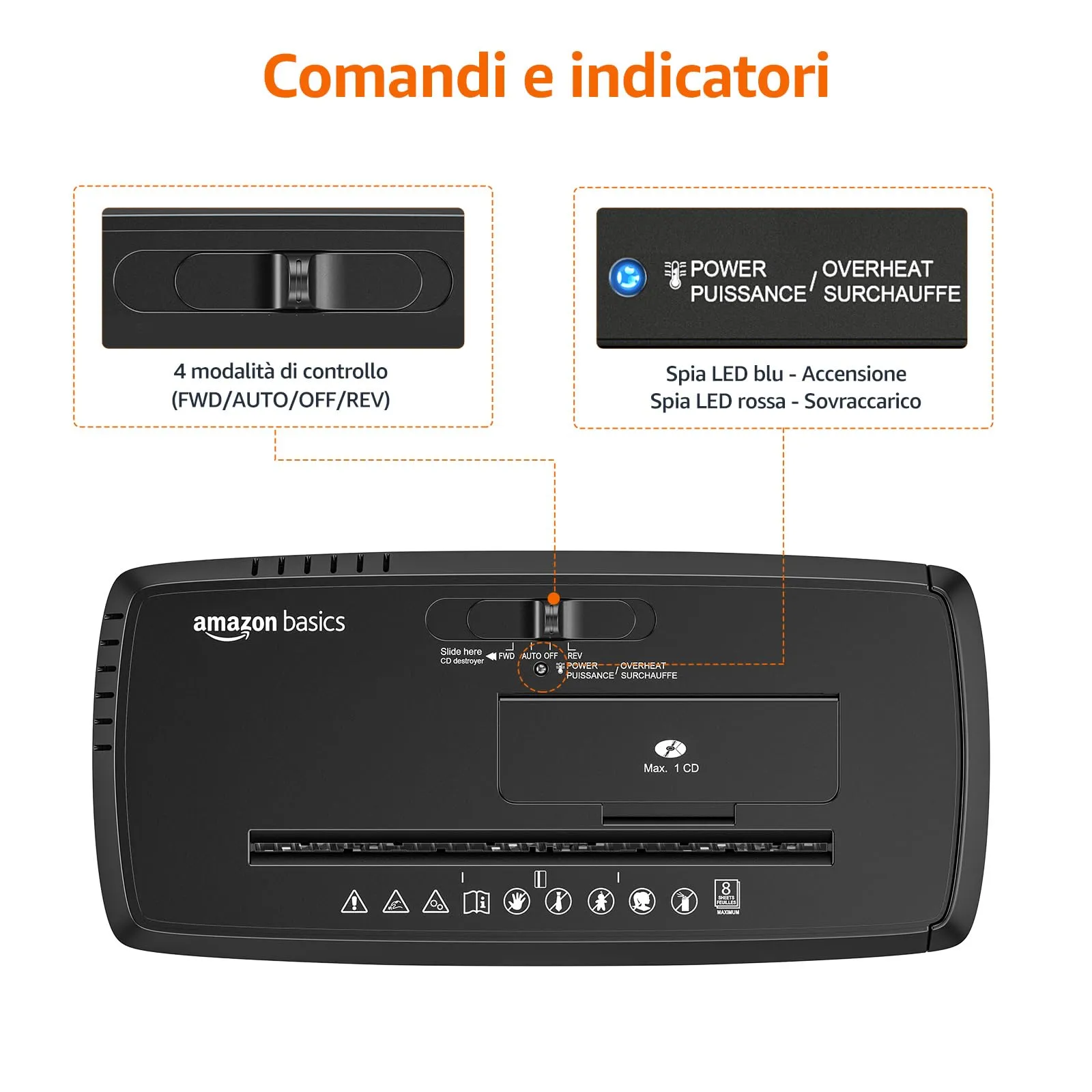 Amazon Basics Distruggidocumenti a Strisce 8 Fogli A4 CD Carte di Credito, Cestino 13L, Nero - immagine 5