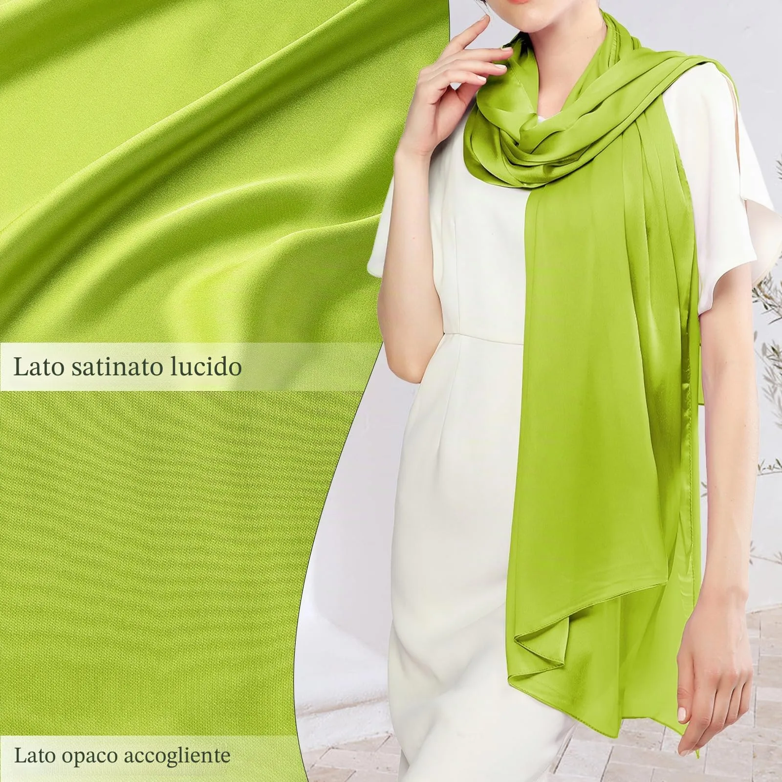 RIIQIICHY Stola in Seta per Donna, Pashmina Leggera Verde per Cerimonia e Abiti da Sera - immagine 5