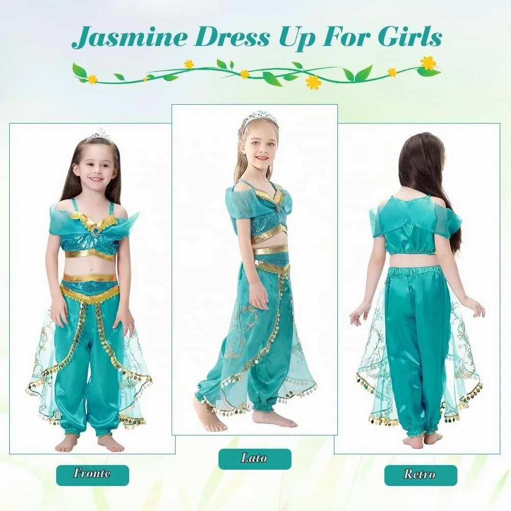 ACWOO Costume Principessa Jasmine per Bambina con Parrucca (140cm) - immagine 2