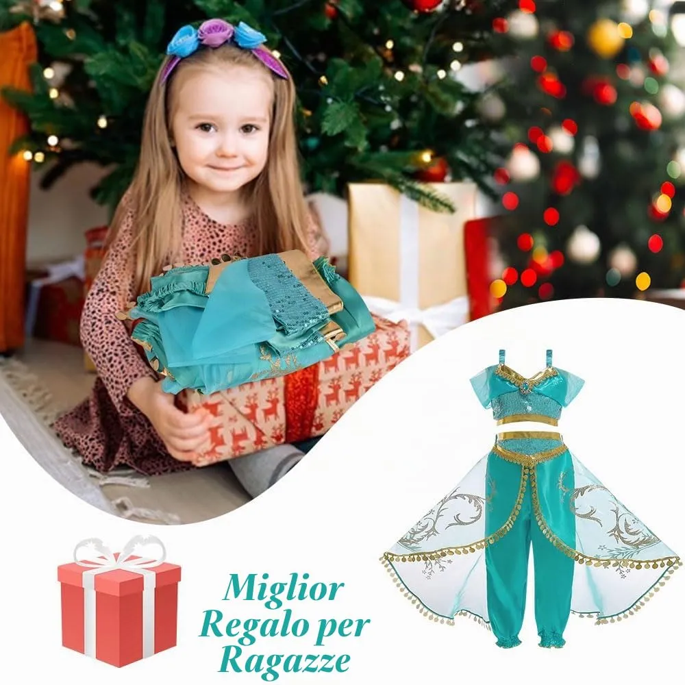 ACWOO Costume Principessa Jasmine per Bambina con Parrucca (140cm) - immagine 8