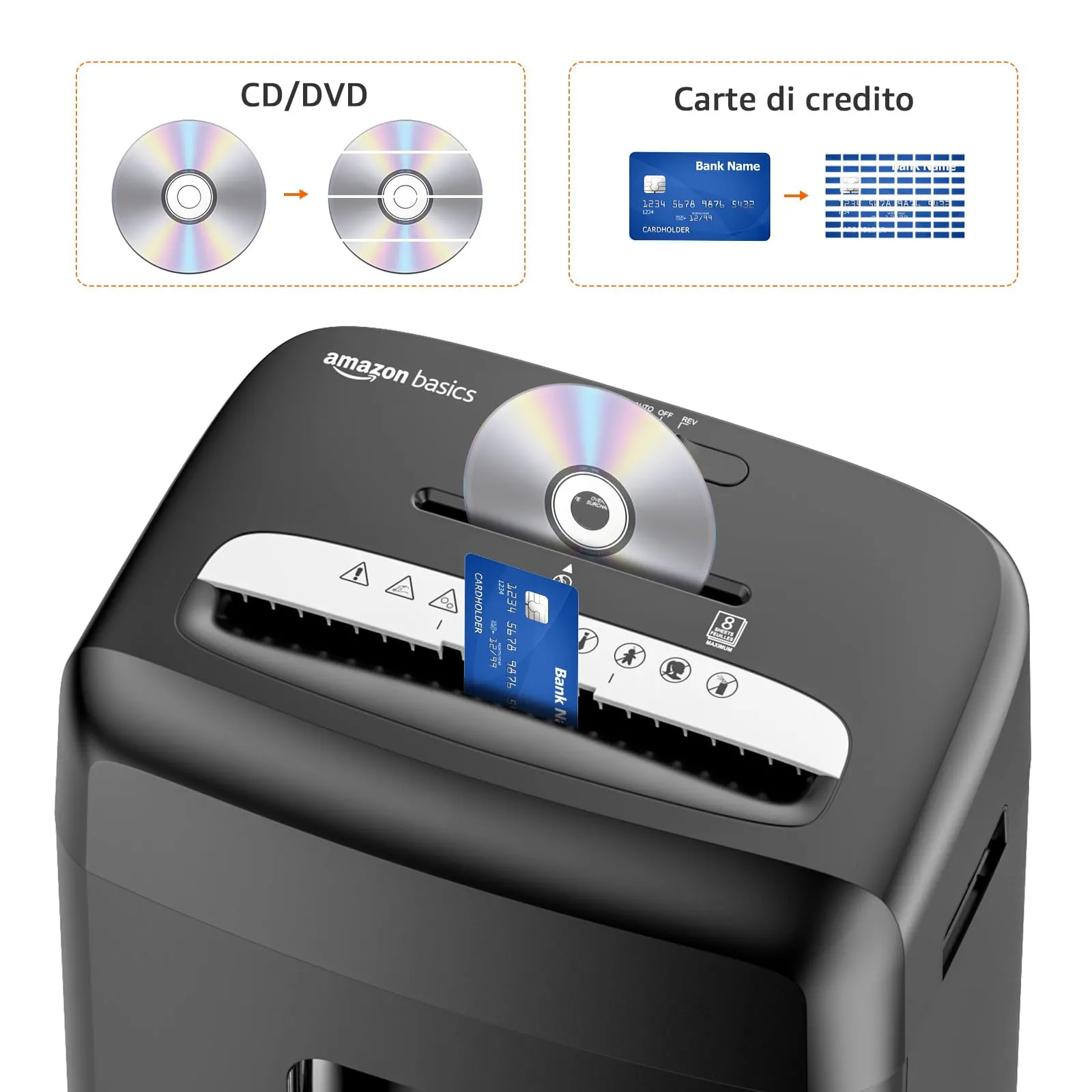 Amazon Basics Distruggidocumenti a Micro Particelle, 8 Fogli, per Documenti, CD e Carte di Credito, Cestino 15L, Nero - immagine 5