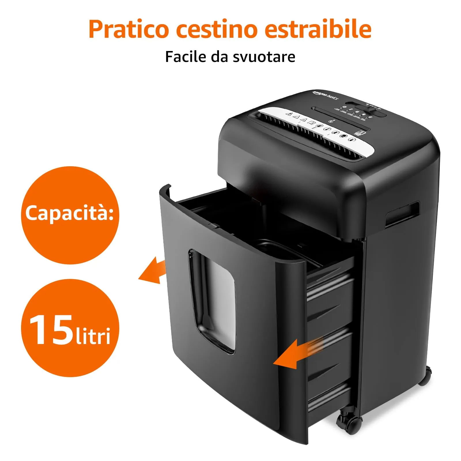 Amazon Basics Distruggidocumenti a Micro Particelle, 8 Fogli, per Documenti, CD e Carte di Credito, Cestino 15L, Nero - immagine 6