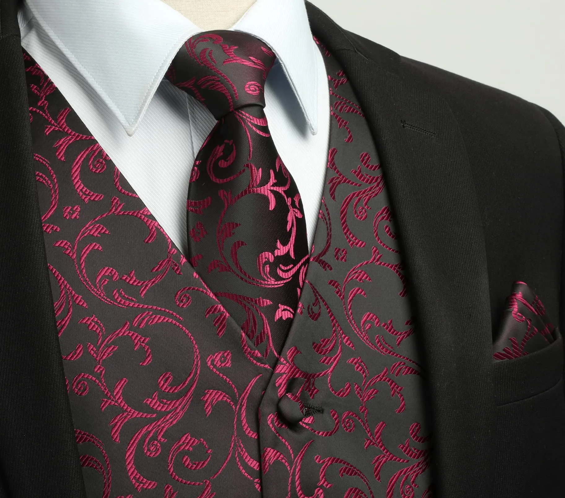 HISDERN Gilet Uomo Paisley Floreale Jacquard con Cravatta e Fazzoletto da Taschino, Nero & Rosso, M - immagine 2