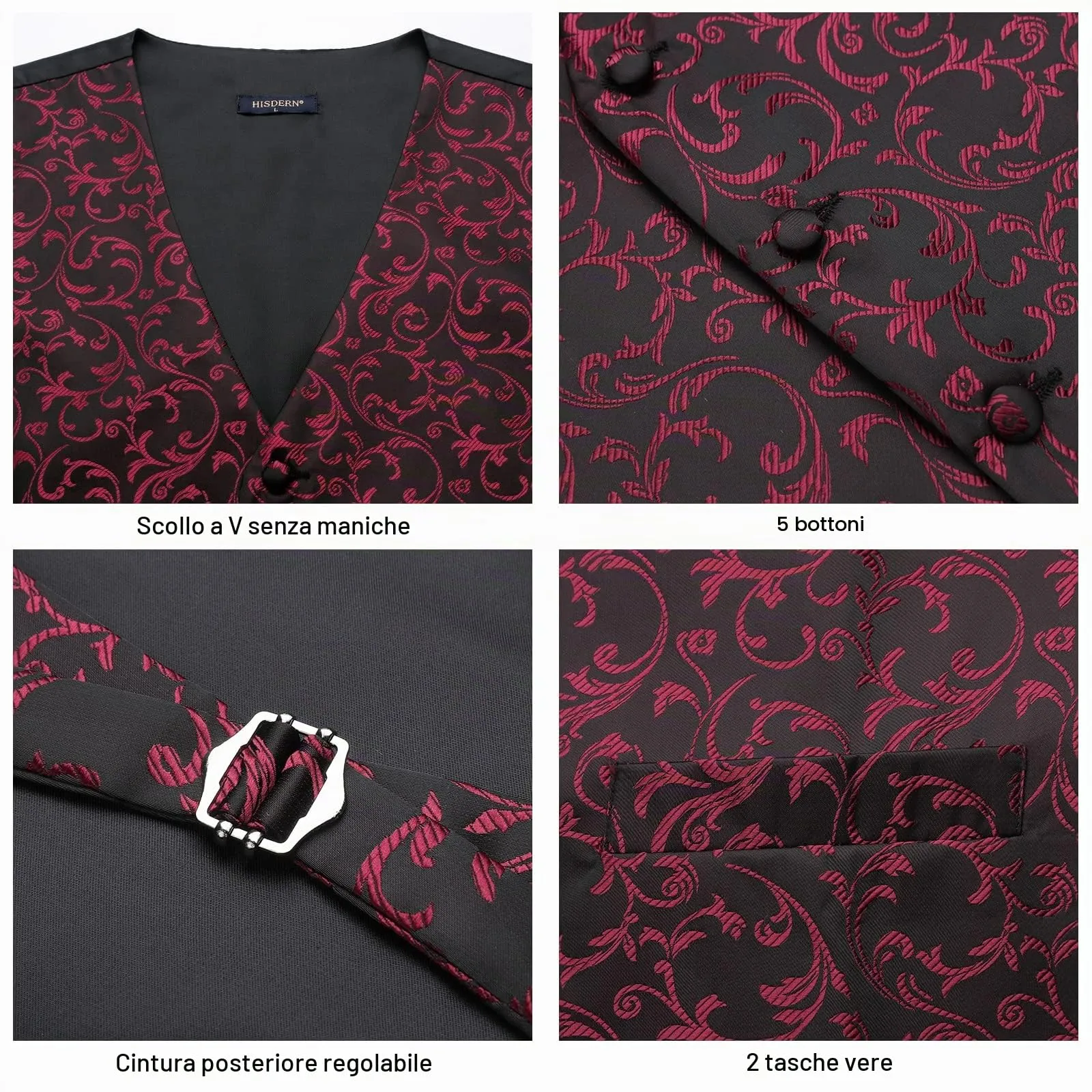 HISDERN Gilet Uomo Paisley Floreale Jacquard con Cravatta e Fazzoletto da Taschino, Nero & Rosso, M - immagine 4