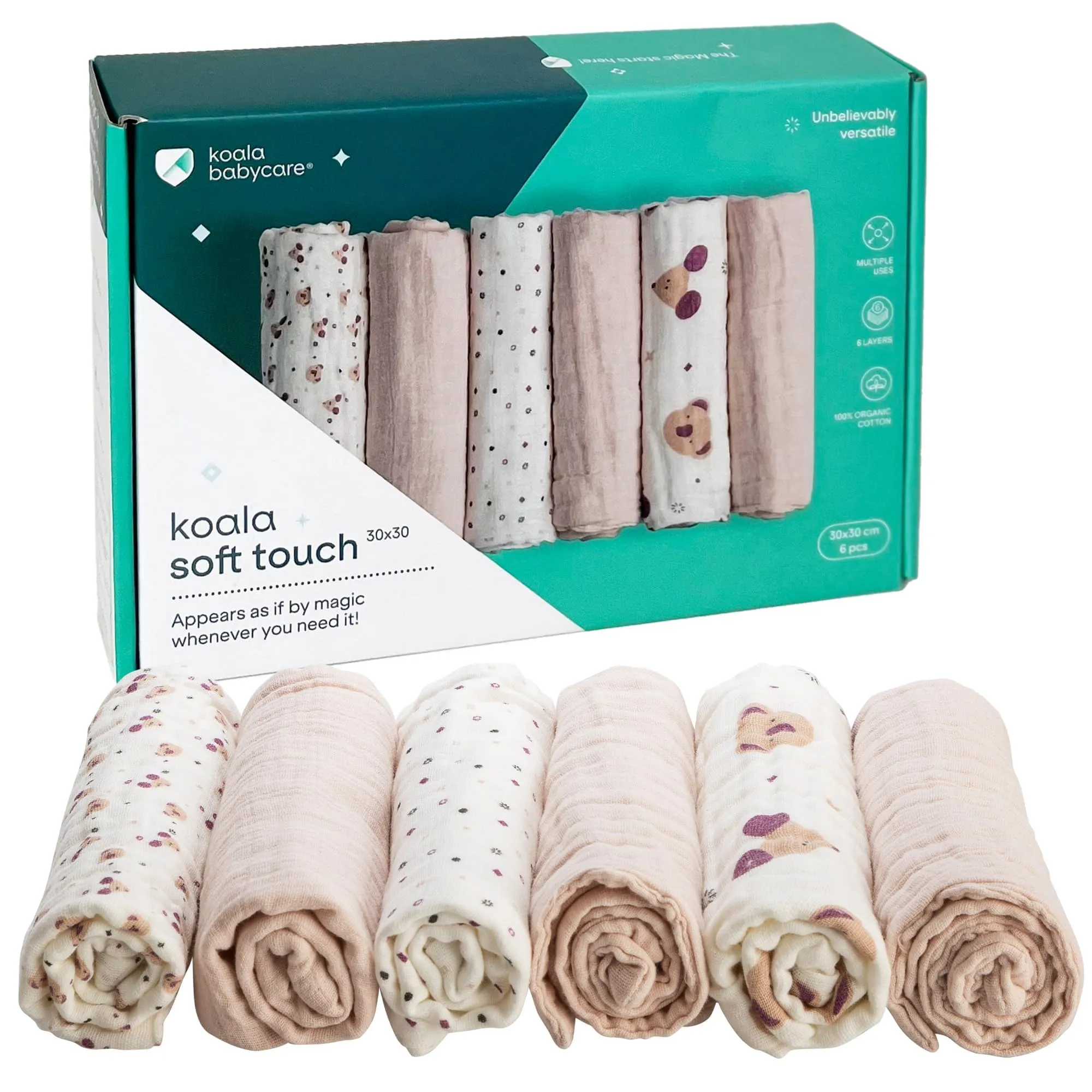 Koala Babycare Mussole Neonato 100% Cotone, 6 Pezzi 30x30cm, Rosa - immagine 1