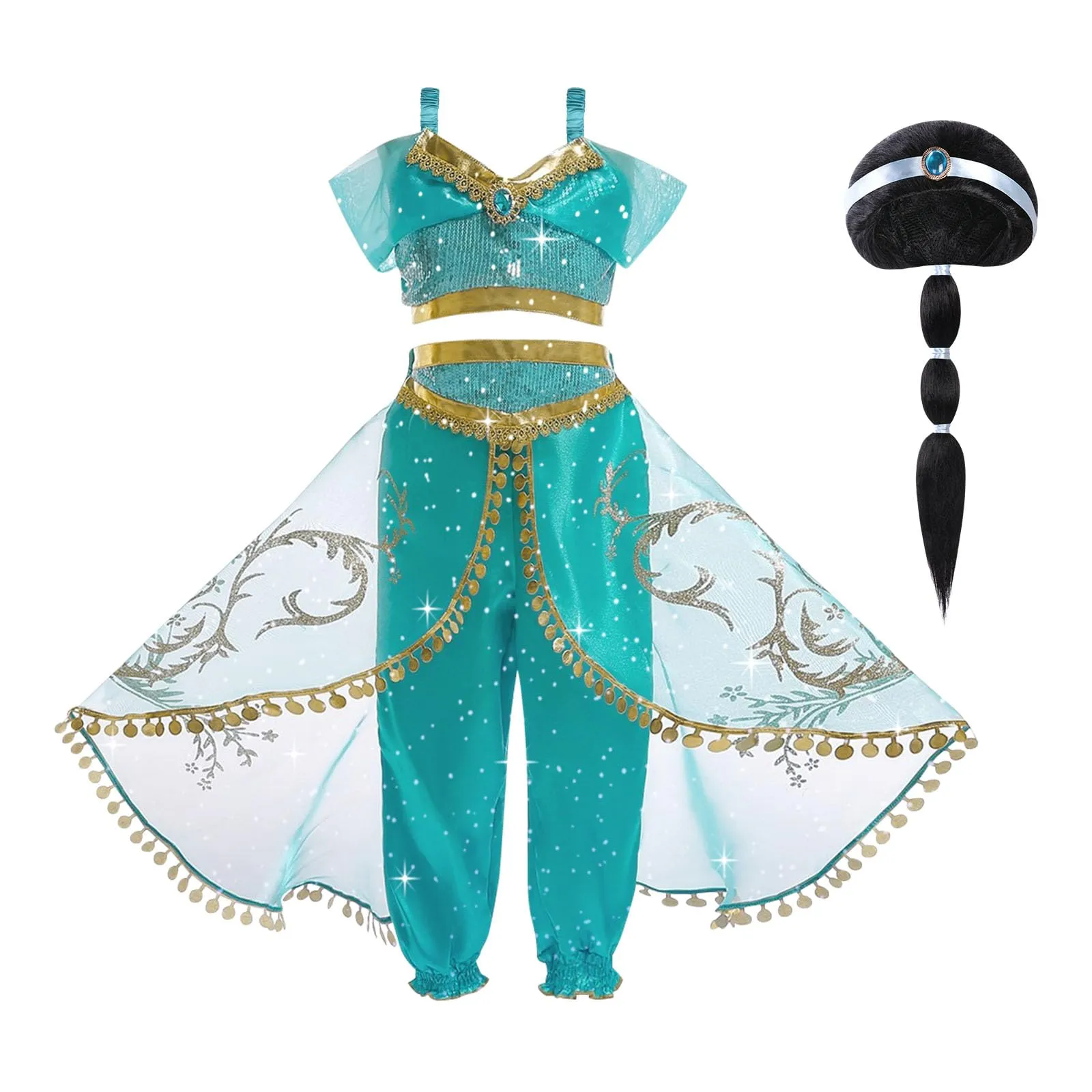 ACWOO Costume Principessa Jasmine per Bambina con Parrucca, 110cm - immagine 1