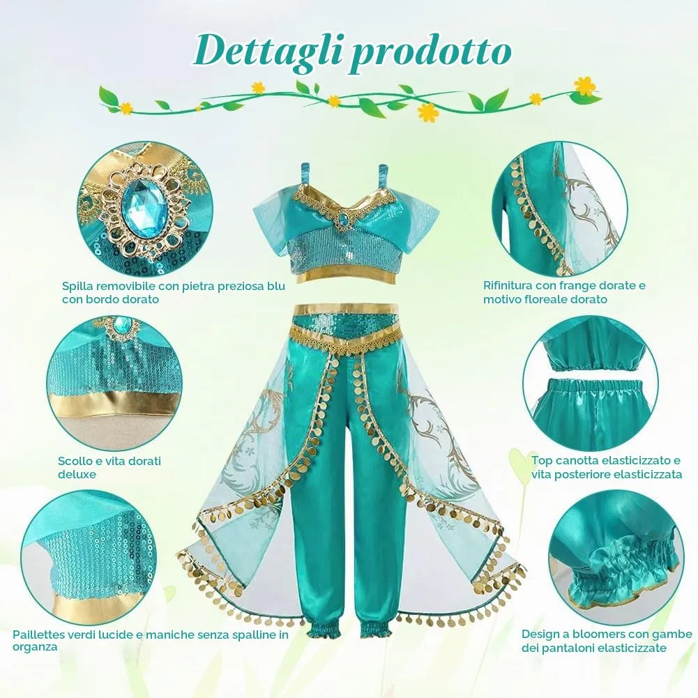 ACWOO Costume Principessa Jasmine per Bambina con Parrucca, 110cm - immagine 3