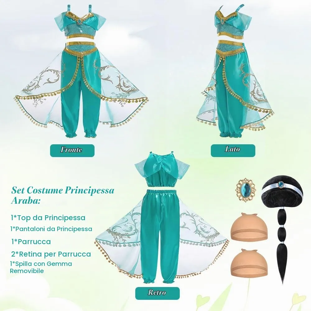 ACWOO Costume Principessa Jasmine per Bambina con Parrucca, 150cm - immagine 4