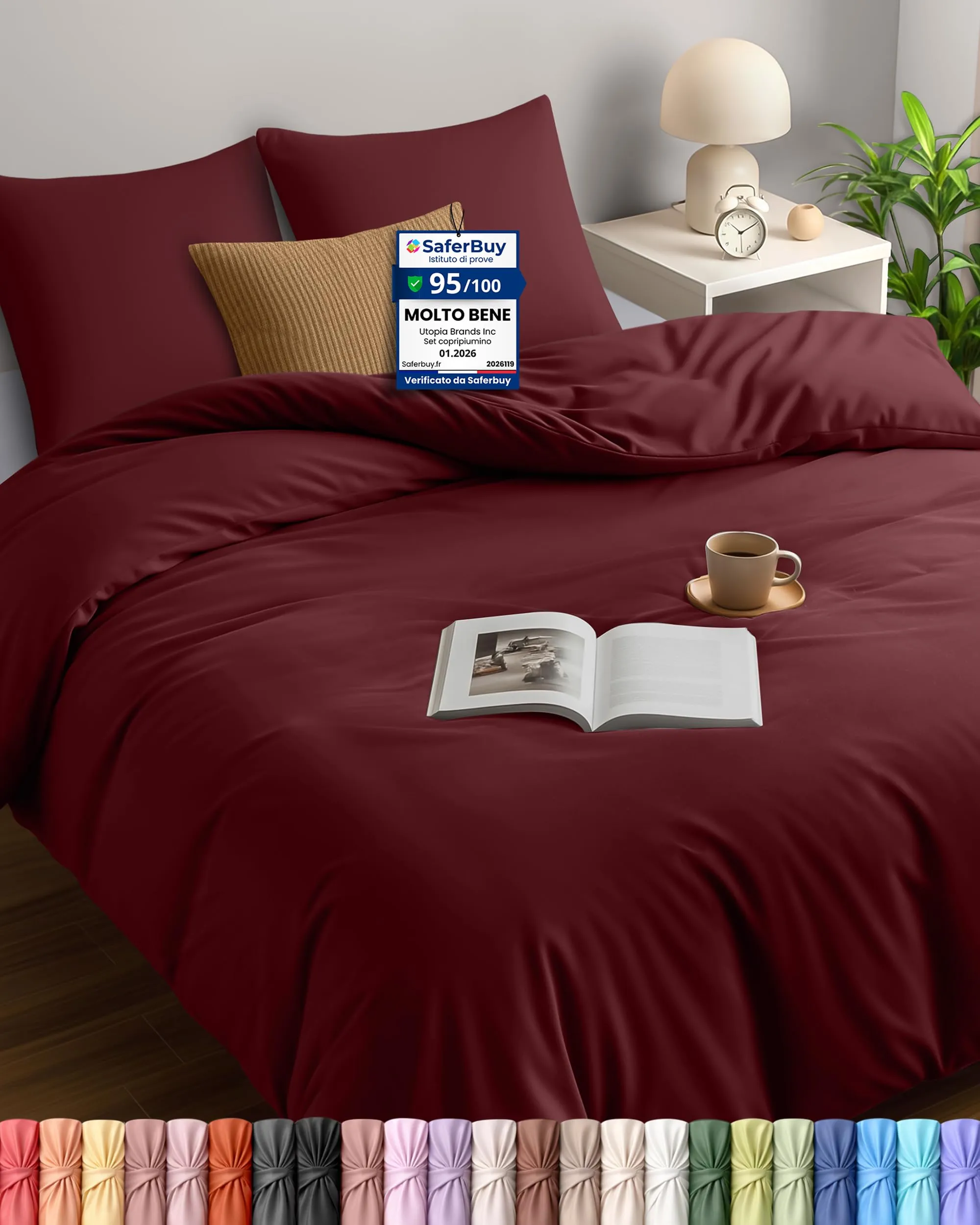 Utopia Bedding Copripiumino Matrimoniale 240x220 cm con 2 Federe 65x65 cm, Bordeaux - immagine 1