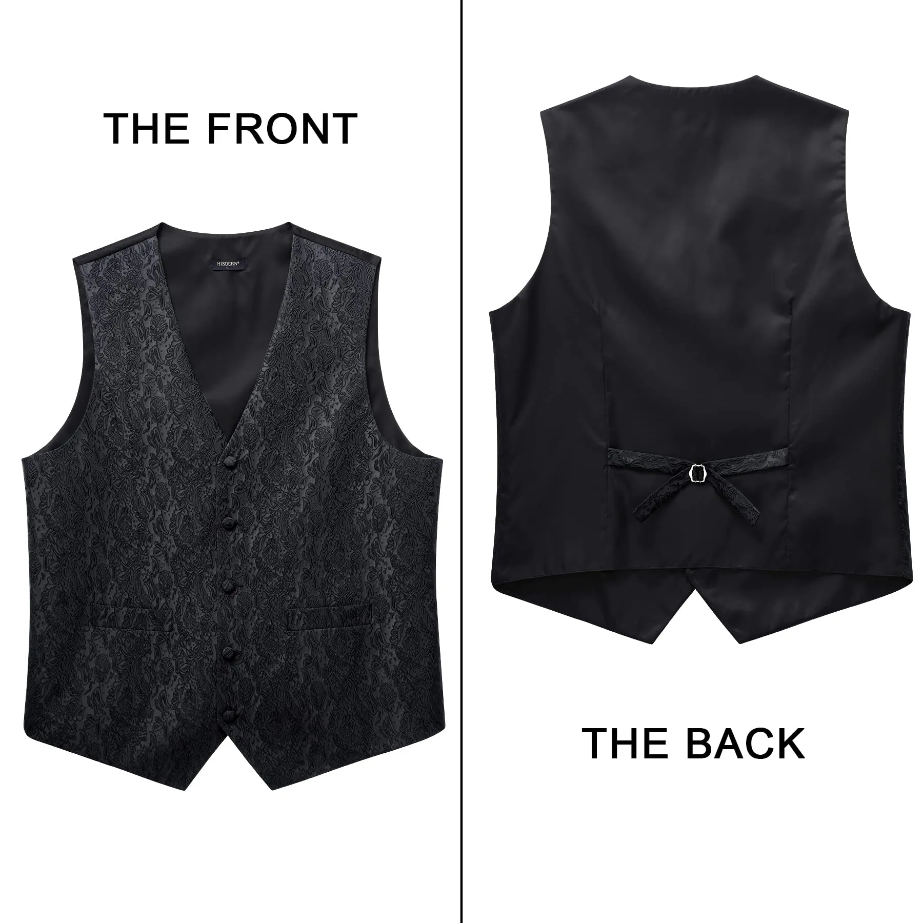 HISDERN Gilet Uomo Paisley Floreale Jacquard con Cravatta e Fazzoletto da Taschino, XL, Nero-N - immagine 3
