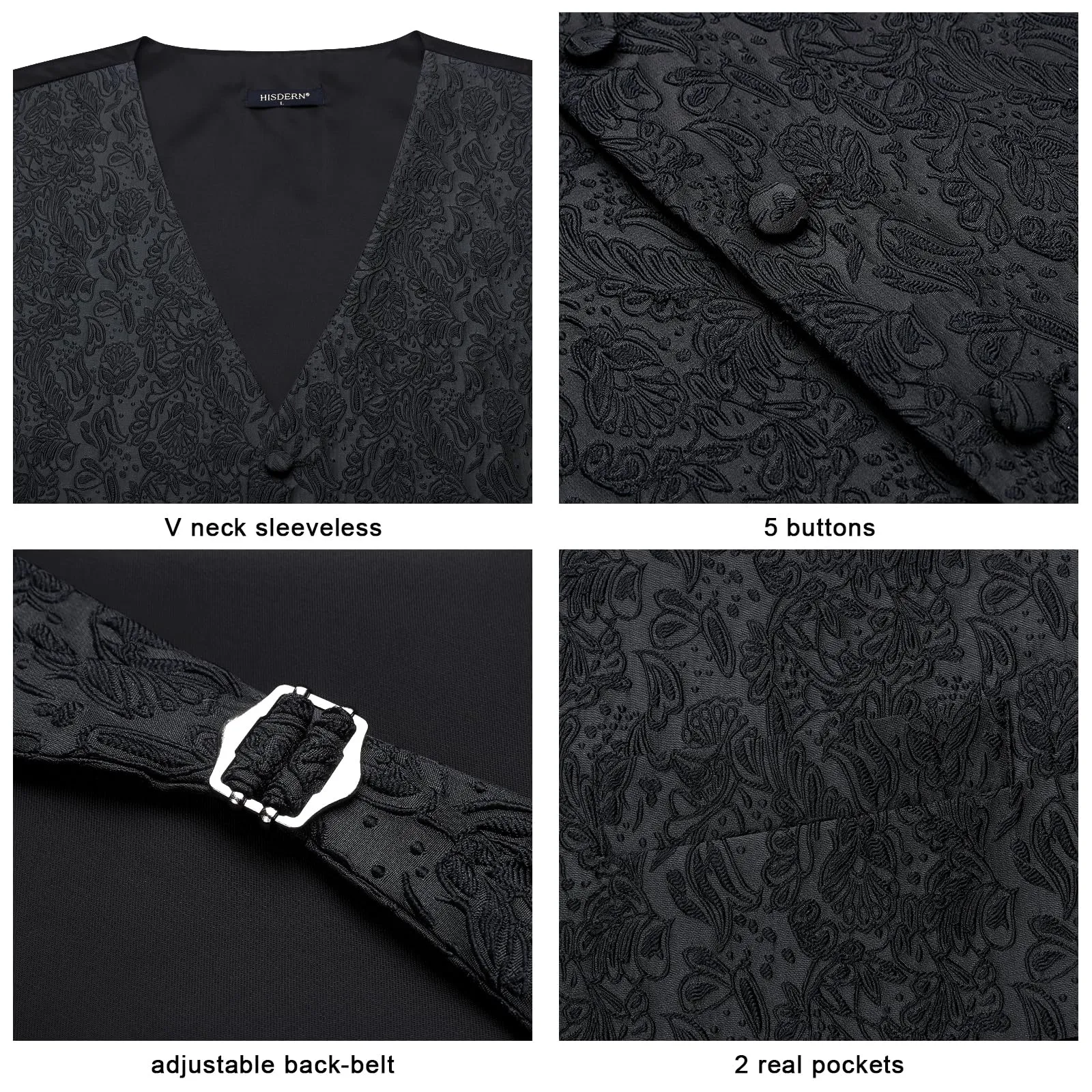 HISDERN Gilet Uomo Paisley Floreale Jacquard con Cravatta e Fazzoletto da Taschino, XL, Nero-N - immagine 4