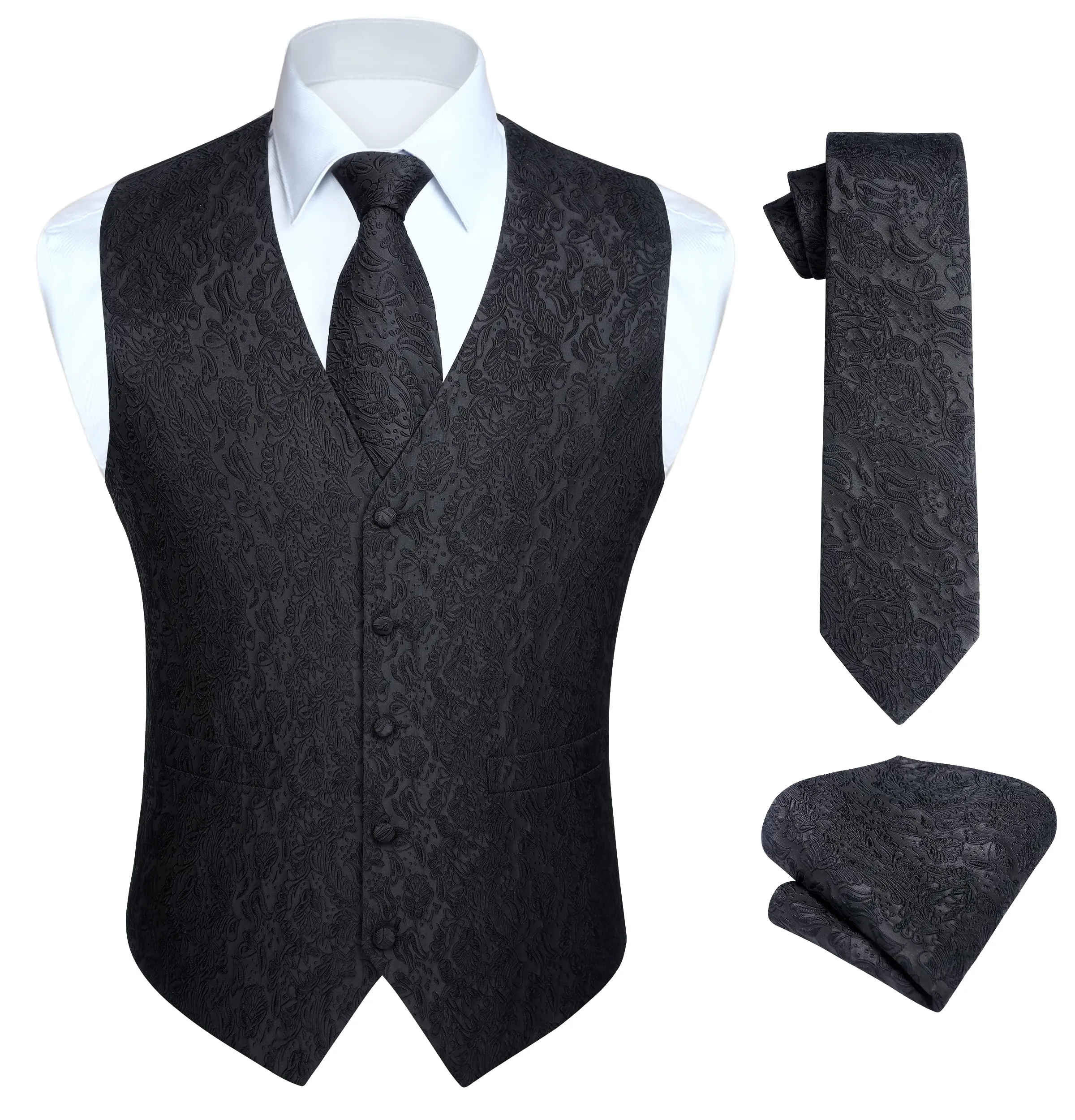 HISDERN Gilet Uomo Nero Paisley Floreale Jacquard con Cravatta e Fazzoletto da Taschino, 4XL, Nero-N - immagine 1