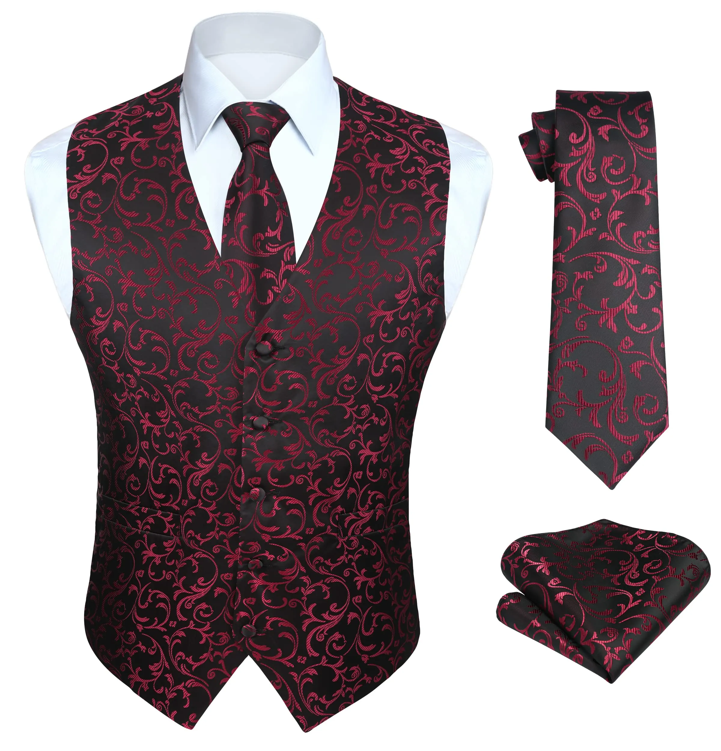 HISDERN Gilet Uomo Paisley Floreale Jacquard con Cravatta e Fazzoletto da Matrimonio, 3XL, Nero & Rosso-N - immagine 1
