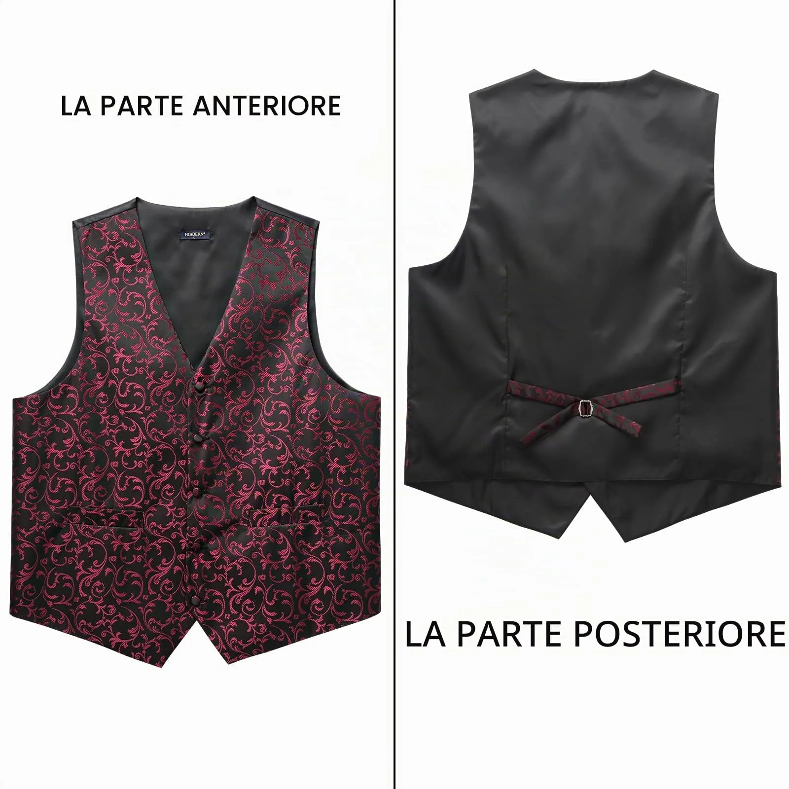 HISDERN Gilet Uomo Paisley Floreale Jacquard con Cravatta e Fazzoletto da Matrimonio, 3XL, Nero & Rosso-N - immagine 3