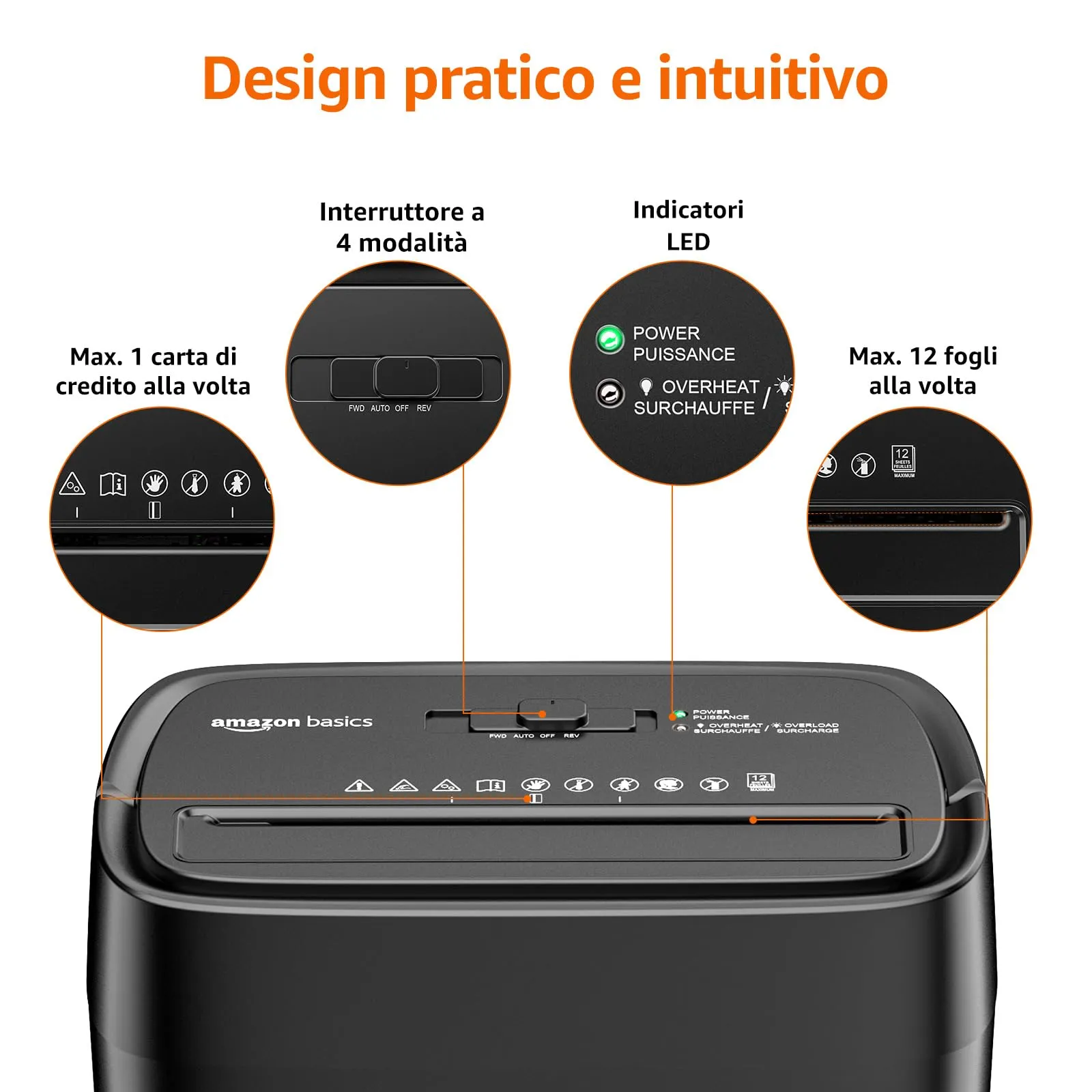 Amazon Basics Distruggidocumenti Taglio Incrociato, 12 Fogli, Cestino 22,7L, Nero - immagine 2