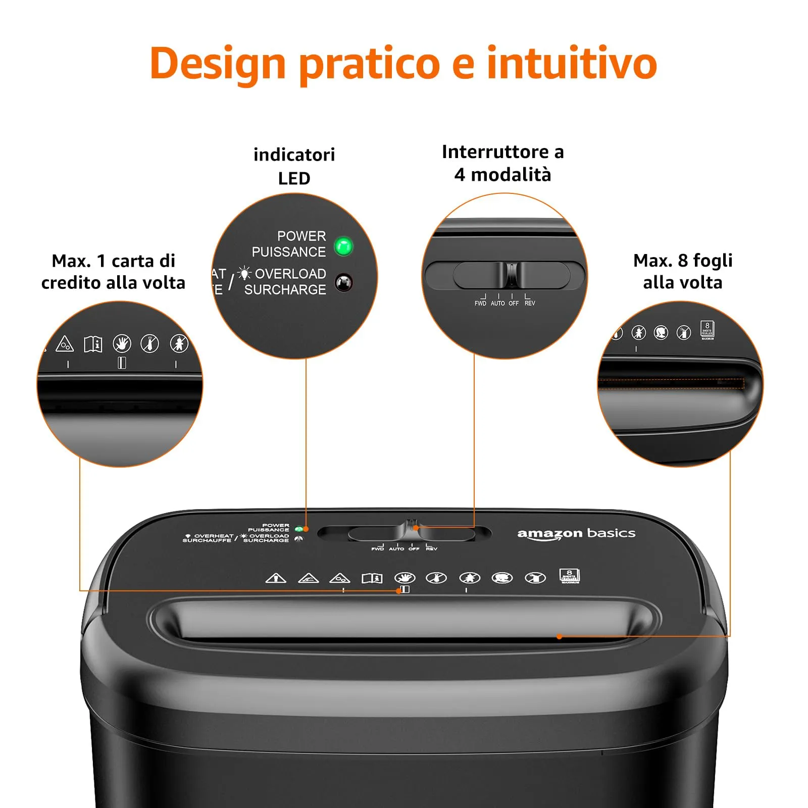 Amazon Basics Distruggidocumenti Taglio Incrociato, 8 Fogli, Cestino 14L, Nero - immagine 2