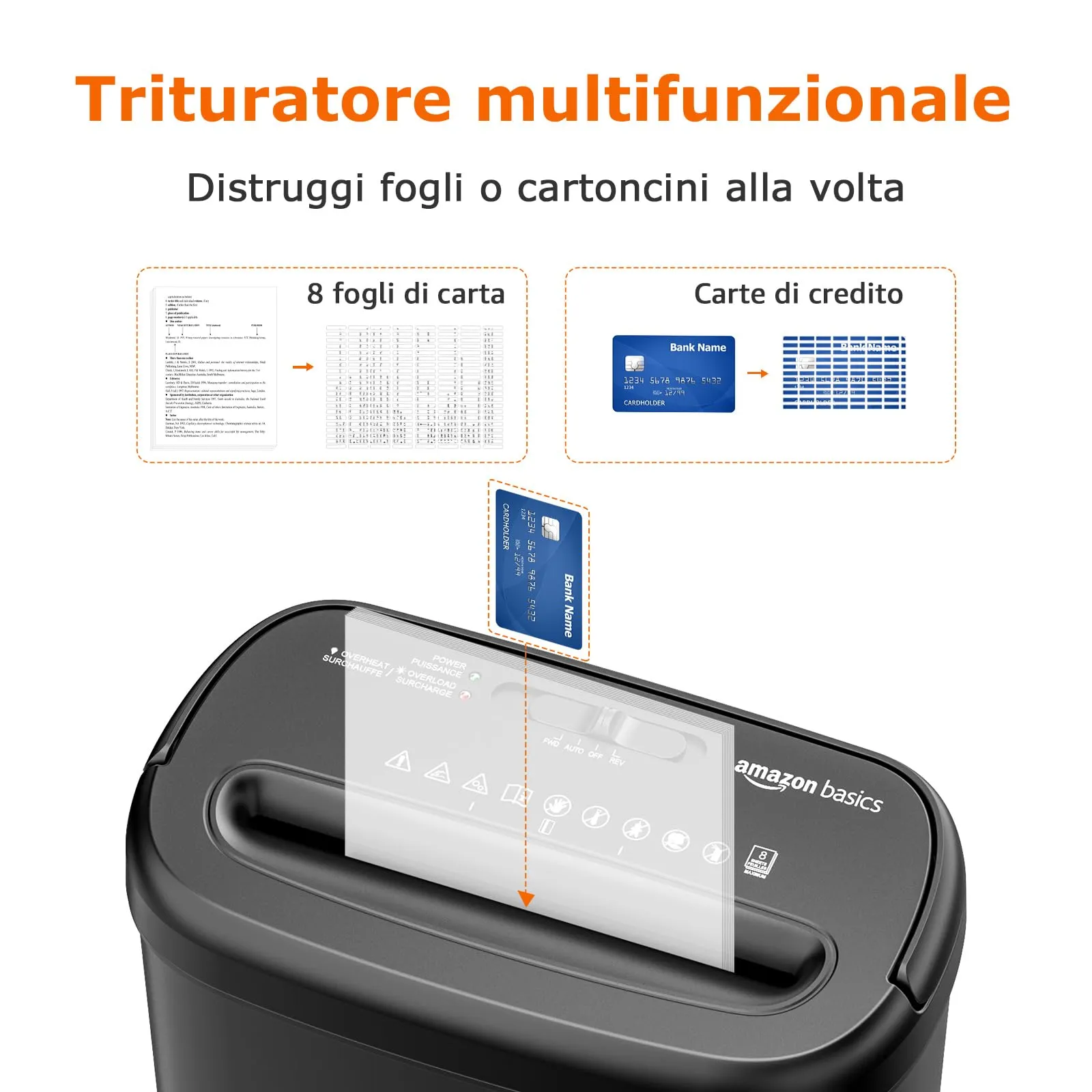 Amazon Basics Distruggidocumenti Taglio Incrociato, 8 Fogli, Cestino 14L, Nero - immagine 5