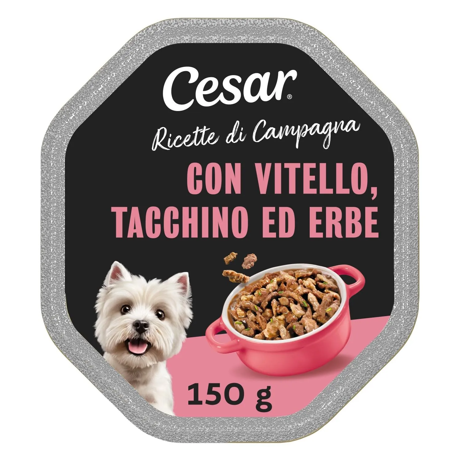 Cesar Ricette di Campagna per cani adulti, con vitello, erbe aromatiche e bocconcini di tacchino in salsa, 14 x 150 g - immagine 1