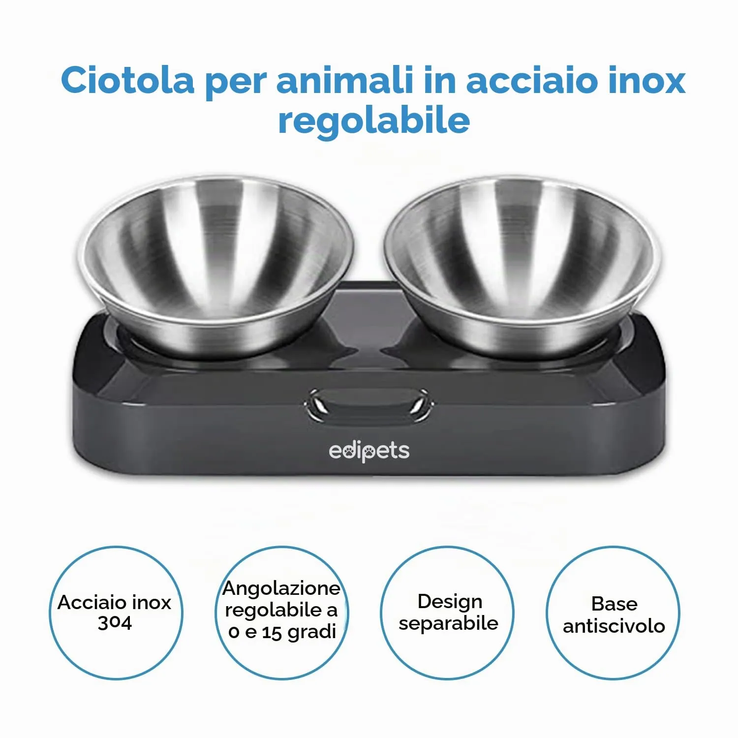 Edipets Ciotola Doppia per Gatti e Cuccioli in Acciaio Inox, Angolo Regolabile 0-15° - immagine 2