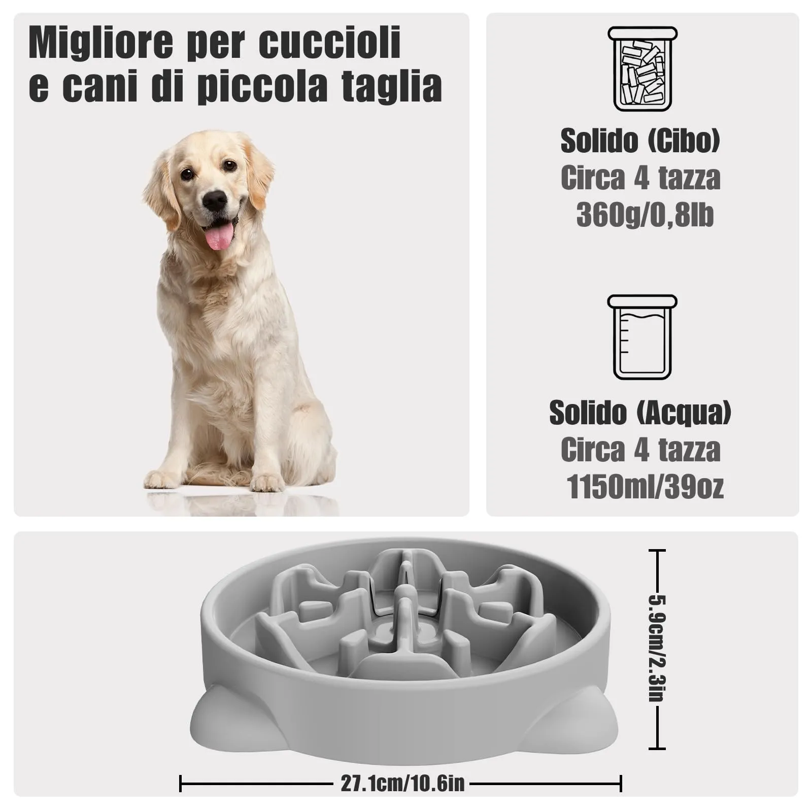 TOKAYIFE Ciotola Anti-Ingozzamento Slow Feeder per Cani e Gatti, 27.1cm, Grigio (L) - immagine 2