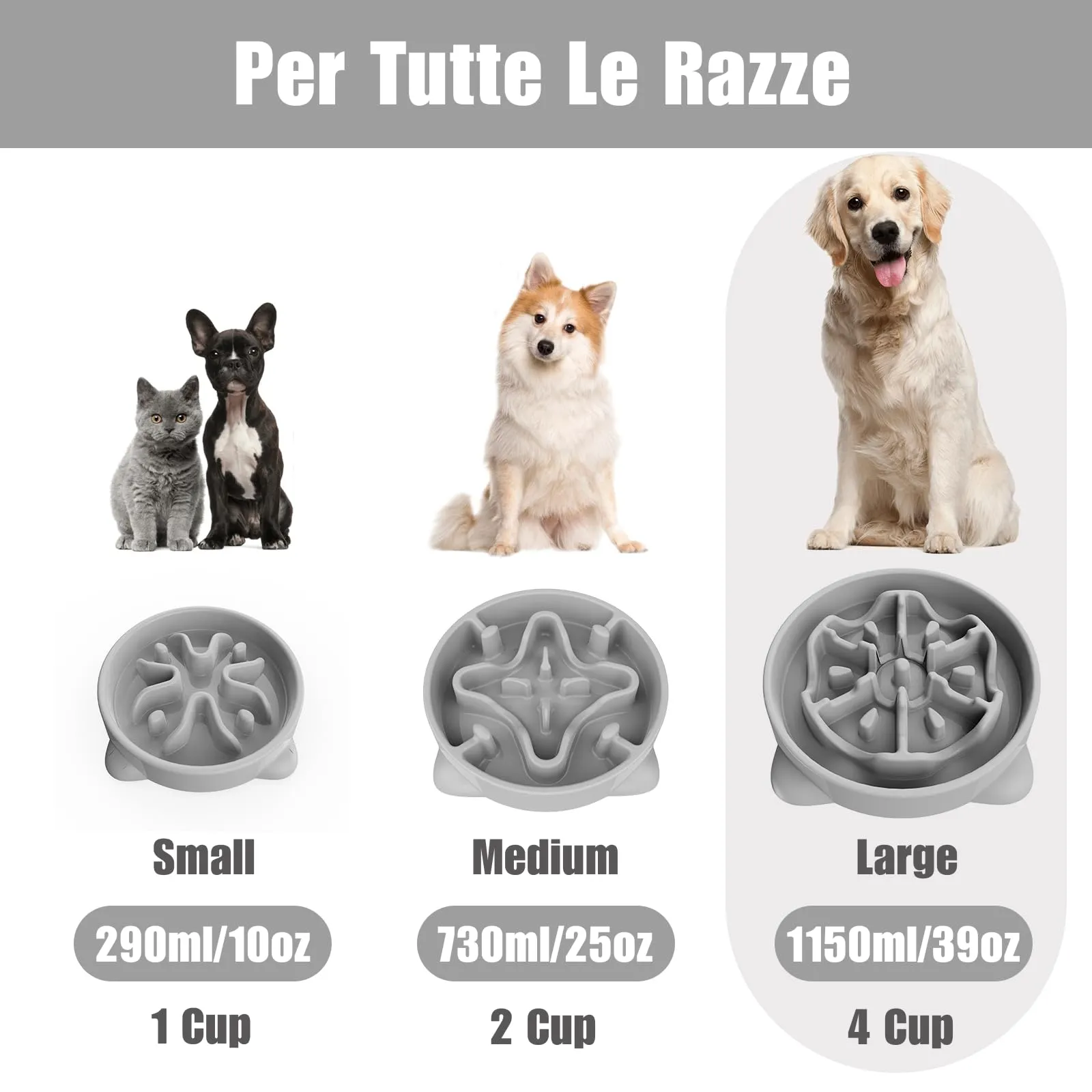 TOKAYIFE Ciotola Anti-Ingozzamento Slow Feeder per Cani e Gatti, 27.1cm, Grigio (L) - immagine 6