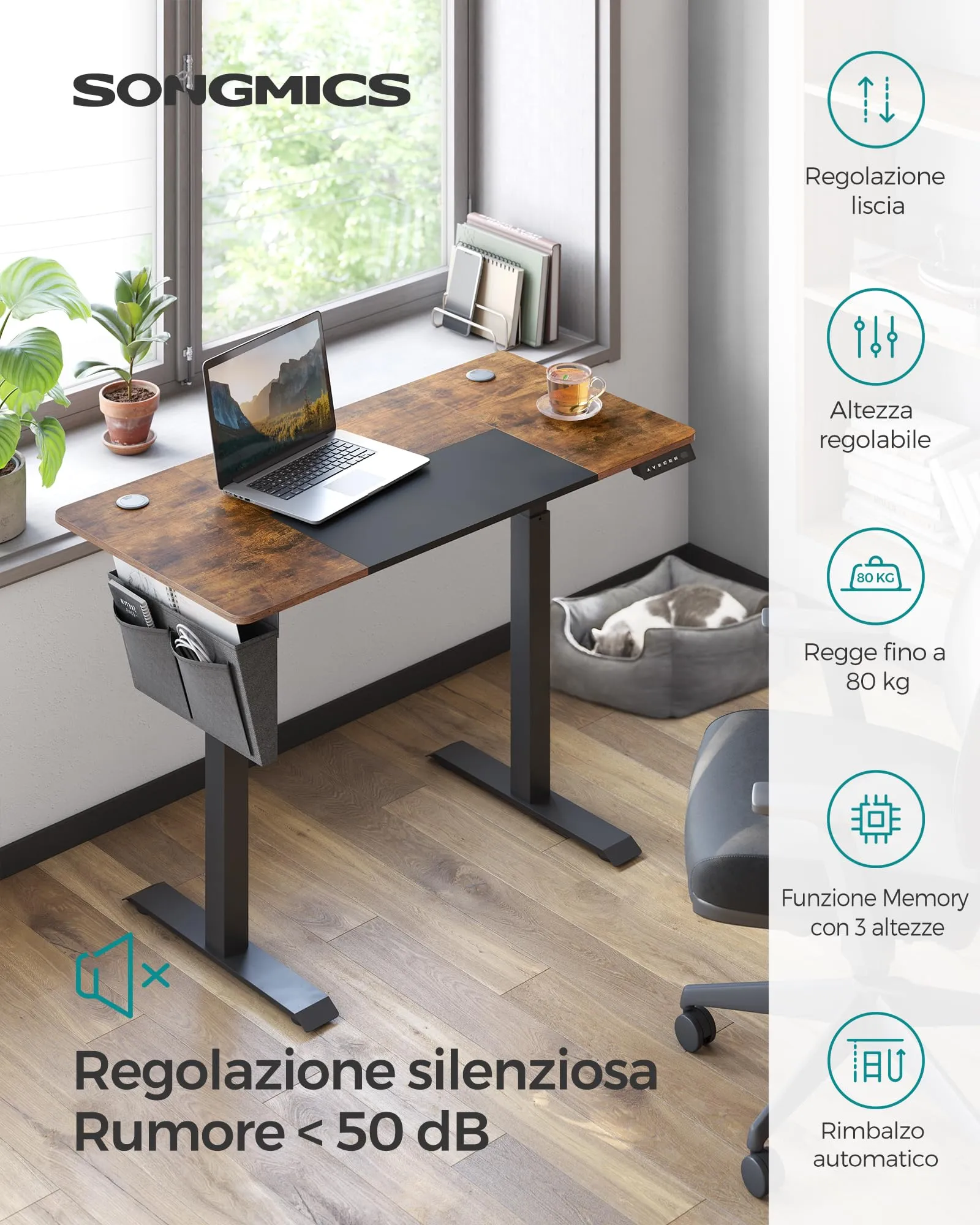 SONGMICS Scrivania Regolabile in Altezza Elettrica 120 x 60 cm con Memoria per 4 Altezze e Porta USB-C, Marrone Vintage e Nero Opaco LSD015X01 - immagine 3