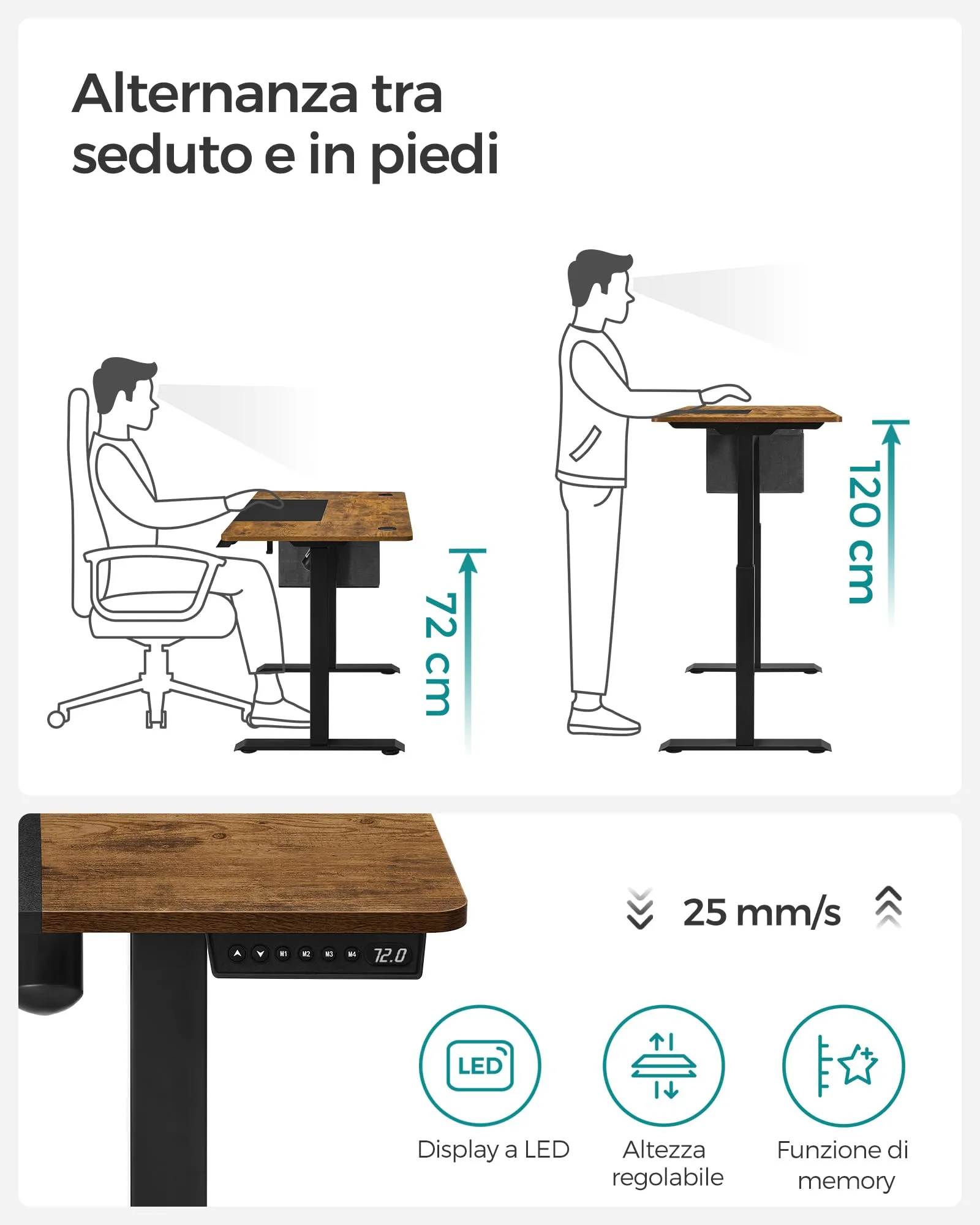 SONGMICS Scrivania Regolabile in Altezza Elettrica 120 x 60 cm con Memoria per 4 Altezze e Porta USB-C, Marrone Vintage e Nero Opaco LSD015X01 - immagine 4