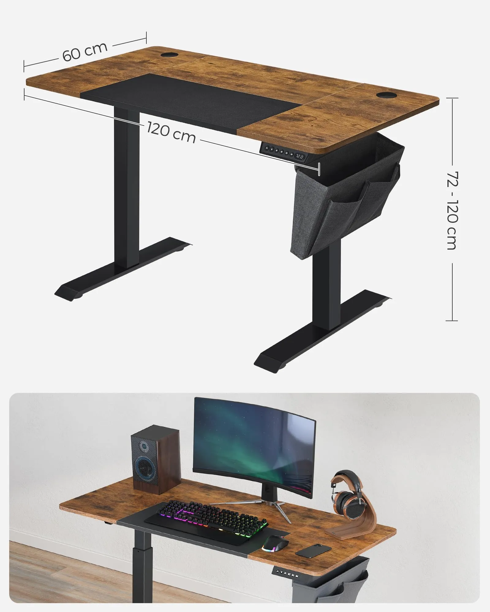 SONGMICS Scrivania Regolabile in Altezza Elettrica 120 x 60 cm con Memoria per 4 Altezze e Porta USB-C, Marrone Vintage e Nero Opaco LSD015X01 - immagine 8