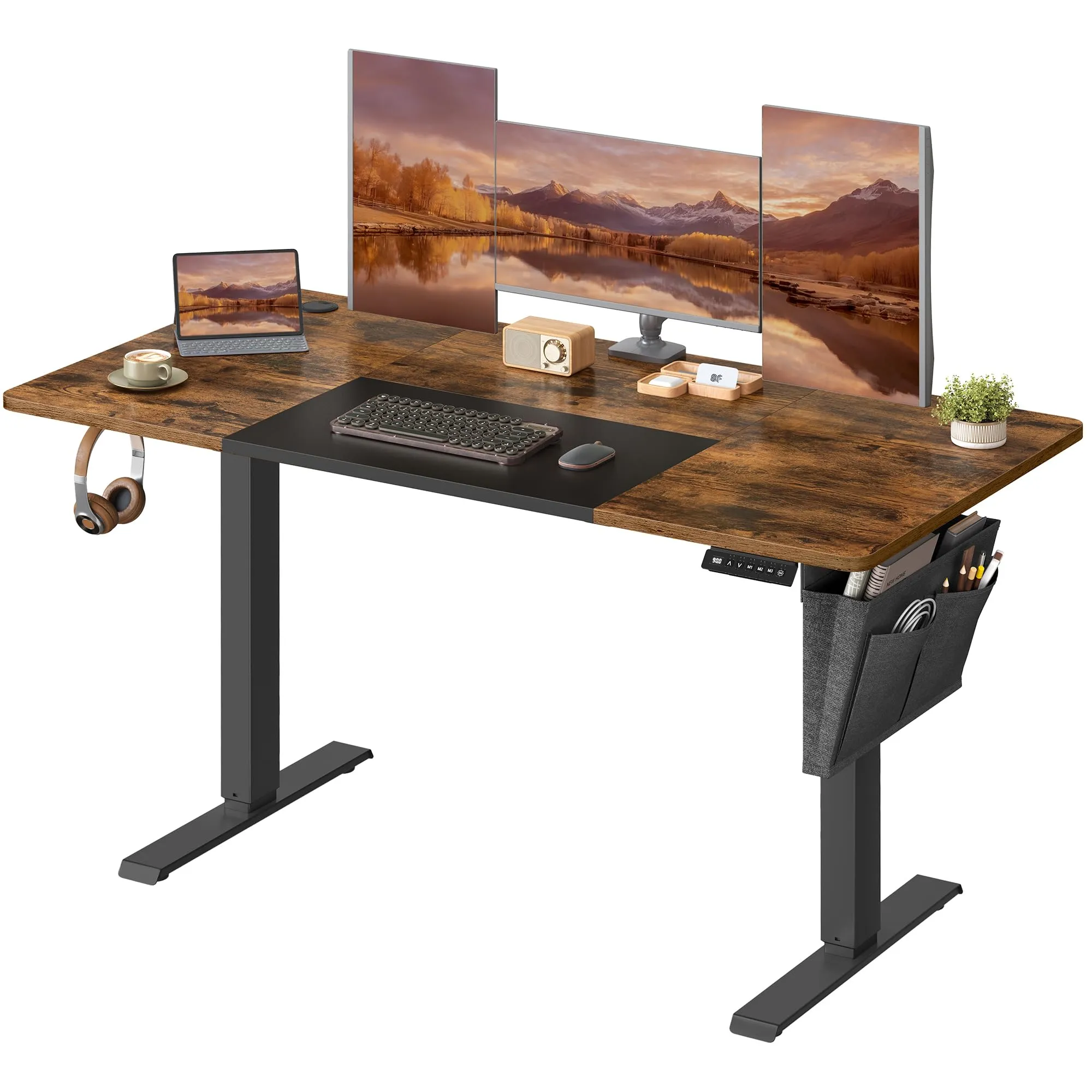SONGMICS Scrivania Regolabile in Altezza Elettrica, 140 x 60 cm, Memoria per 4 Altezze, Porta USB-C, Marrone Vintage e Nero Inchiostro LSD016X01 - immagine 1