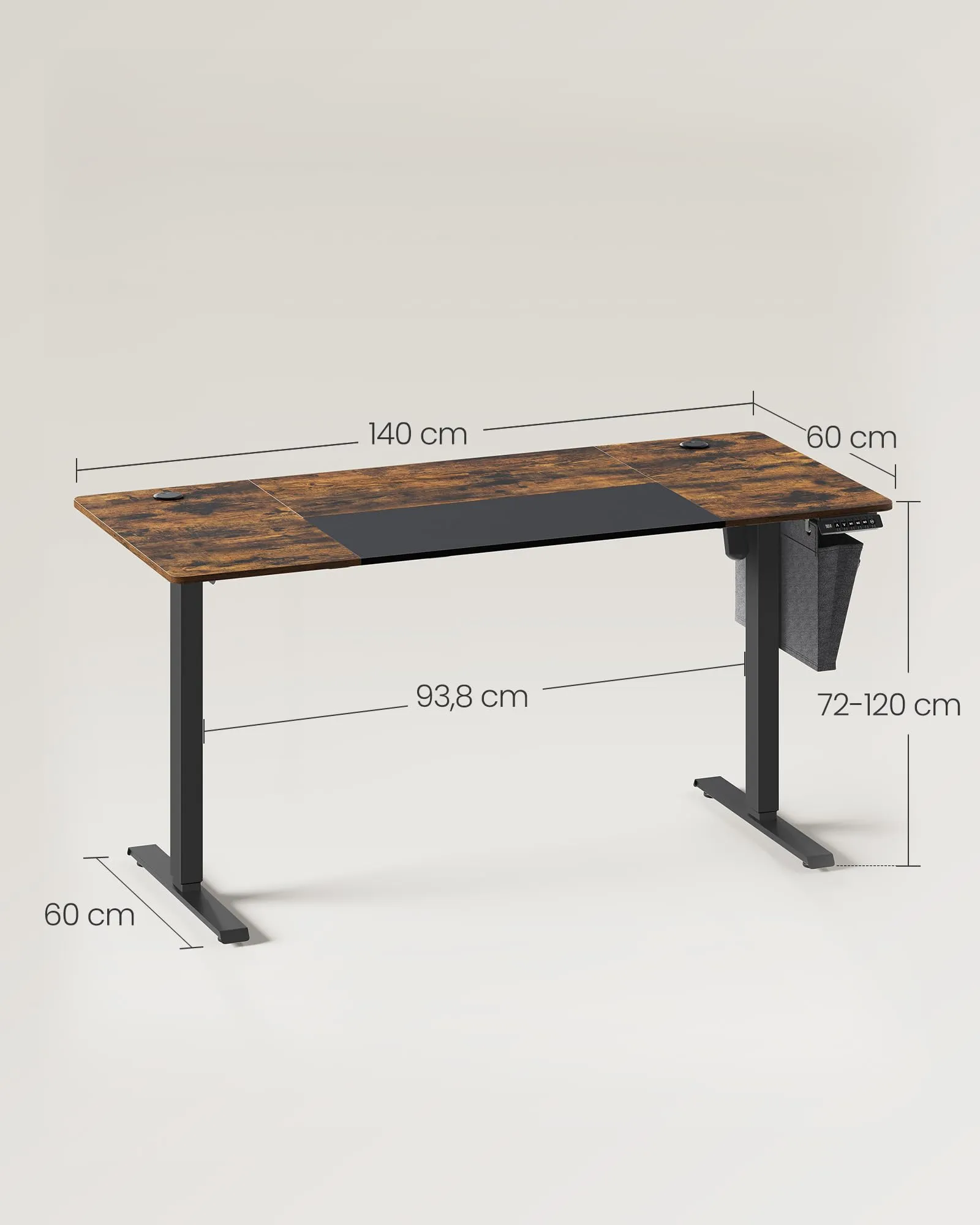 SONGMICS Scrivania Regolabile in Altezza Elettrica, 140 x 60 cm, Memoria per 4 Altezze, Porta USB-C, Marrone Vintage e Nero Inchiostro LSD016X01 - immagine 3