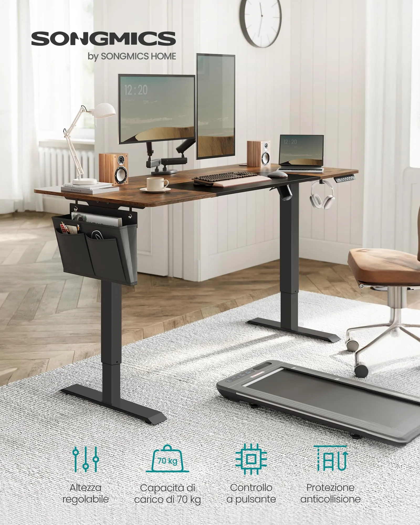 SONGMICS Scrivania Regolabile in Altezza Elettrica, 140 x 60 cm, Memoria per 4 Altezze, Porta USB-C, Marrone Vintage e Nero Inchiostro LSD016X01 - immagine 4