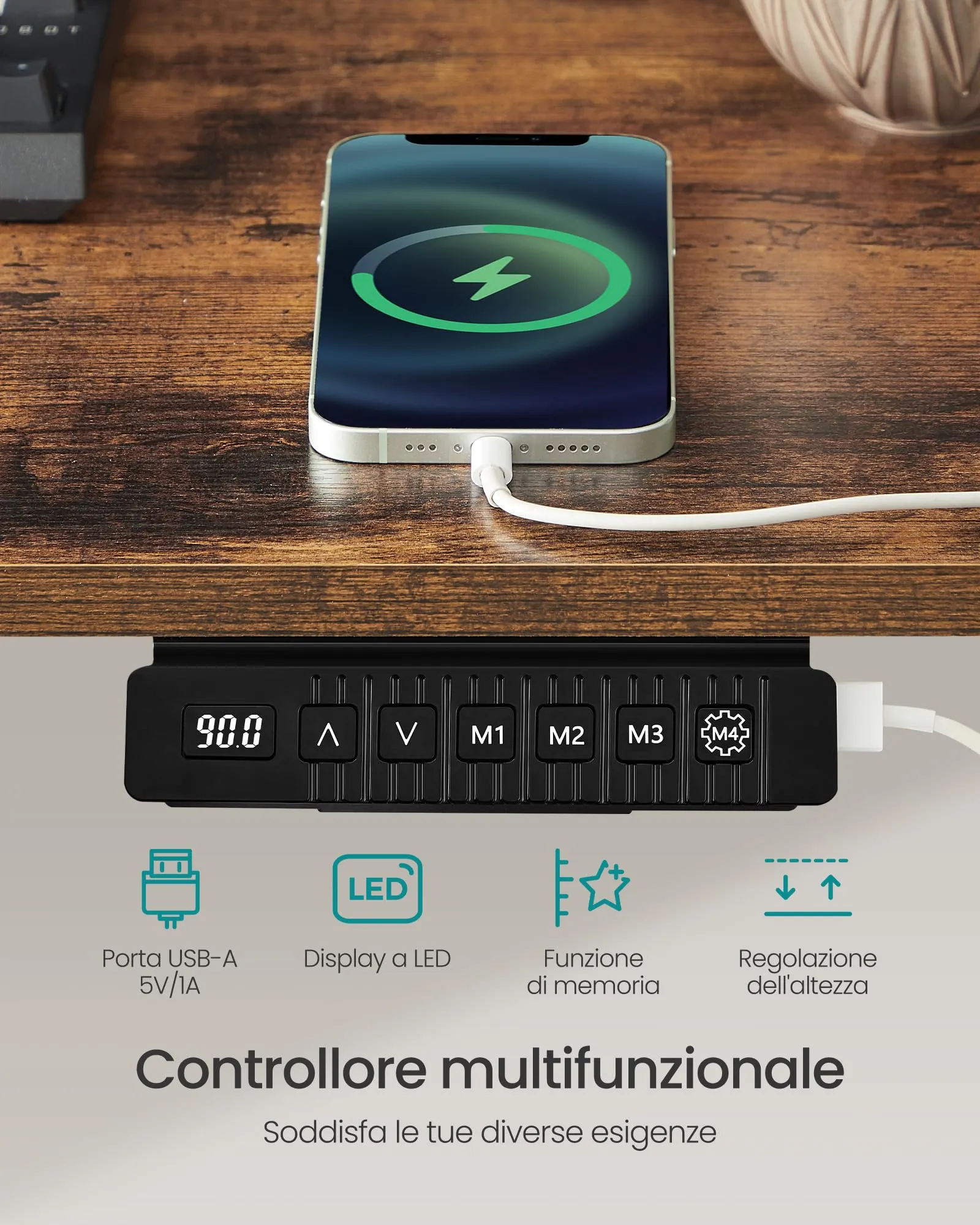 SONGMICS Scrivania Regolabile in Altezza Elettrica, 140 x 60 cm, Memoria per 4 Altezze, Porta USB-C, Marrone Vintage e Nero Inchiostro LSD016X01 - immagine 6