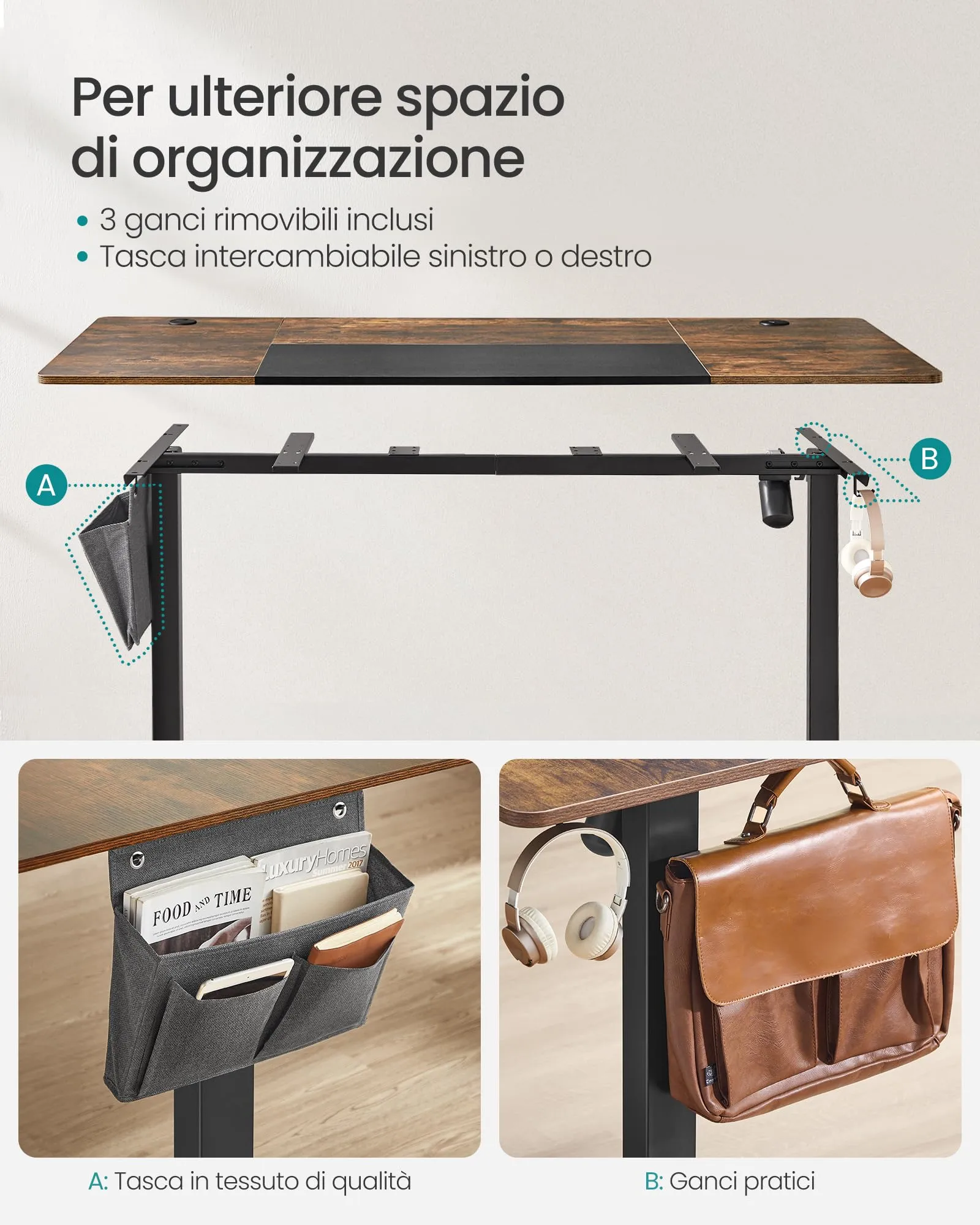 SONGMICS Scrivania Regolabile in Altezza Elettrica, 140 x 60 cm, Memoria per 4 Altezze, Porta USB-C, Marrone Vintage e Nero Inchiostro LSD016X01 - immagine 7