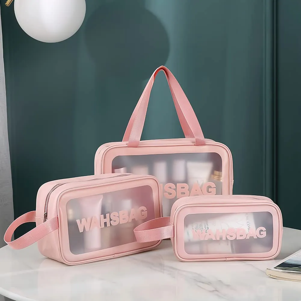 Aucuu Borse Da Toilette Trasparente in PVC, Set di 3 Pezzi, Beauty Case Impermeabile per Viaggio e Cosmetici - immagine 2