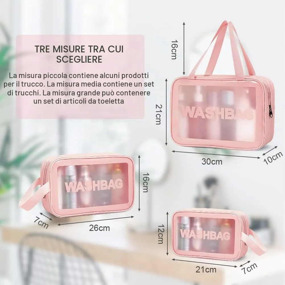 Aucuu Borse Da Toilette Trasparente in PVC, Set di 3 Pezzi, Beauty Case Impermeabile per Viaggio e Cosmetici - immagine 4