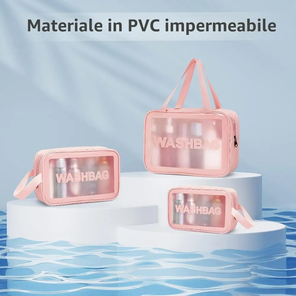 Aucuu Borse Da Toilette Trasparente in PVC, Set di 3 Pezzi, Beauty Case Impermeabile per Viaggio e Cosmetici - immagine 5