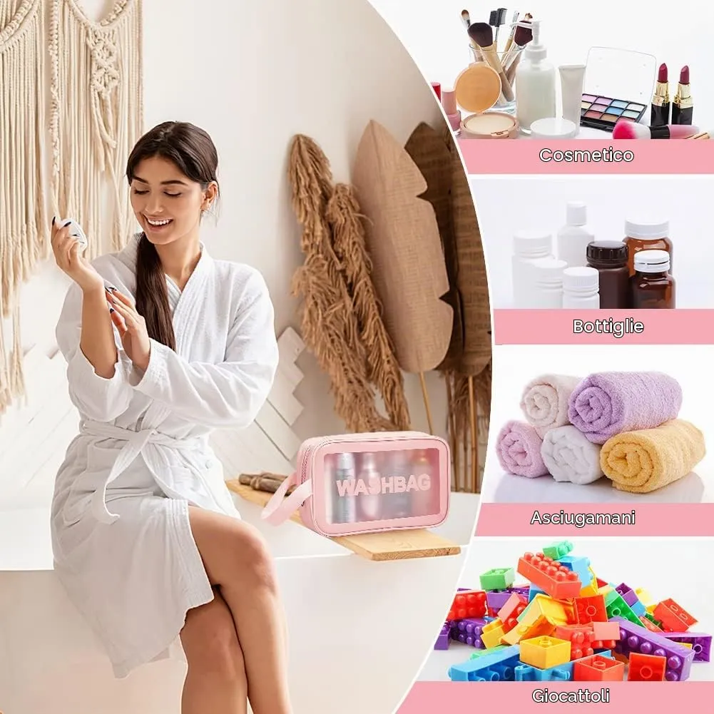 Aucuu Borse Da Toilette Trasparente in PVC, Set di 3 Pezzi, Beauty Case Impermeabile per Viaggio e Cosmetici - immagine 6